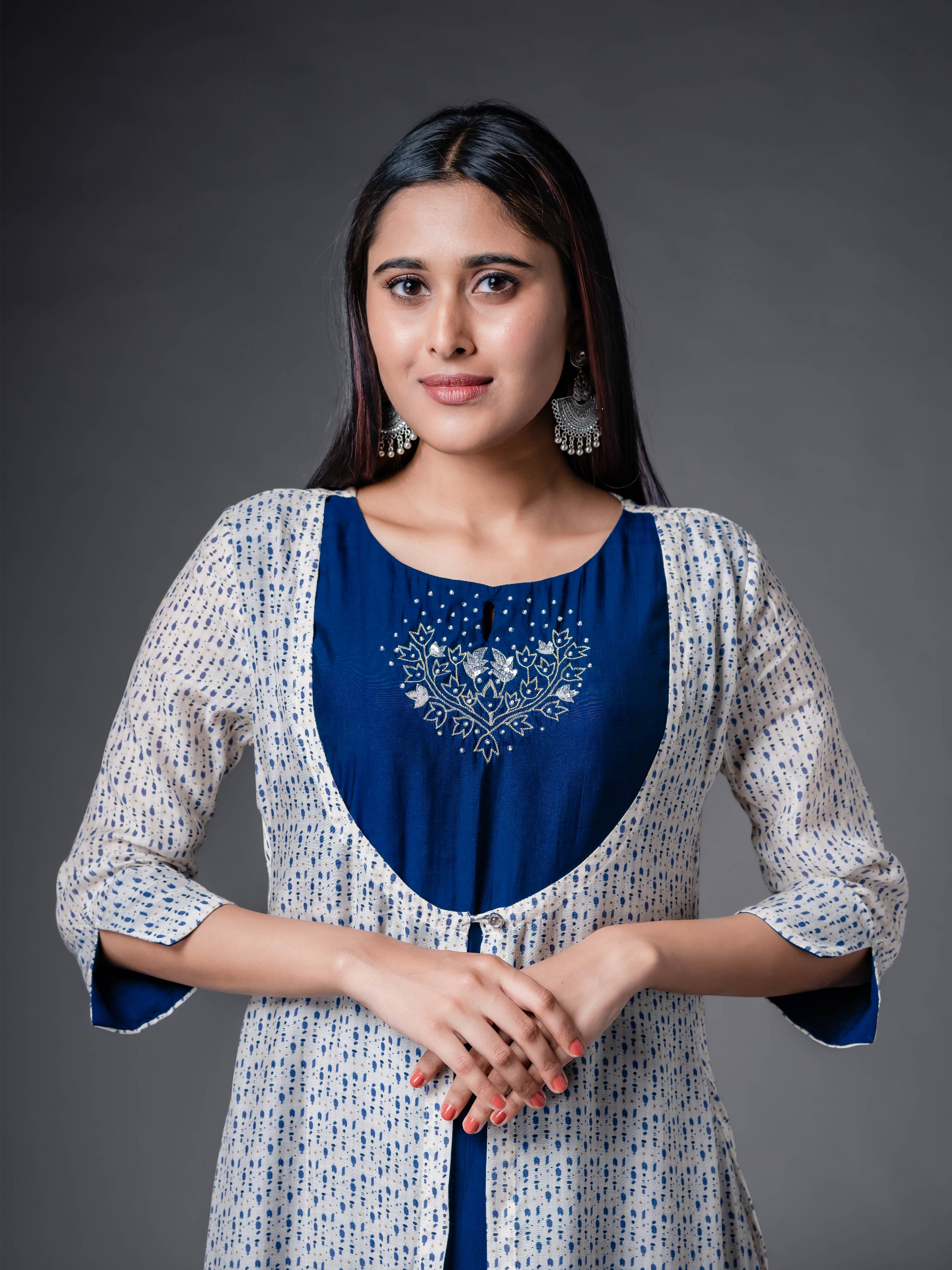 Multi-Colour Muslin Silk Printed Kurti With Handwork And Overcoat