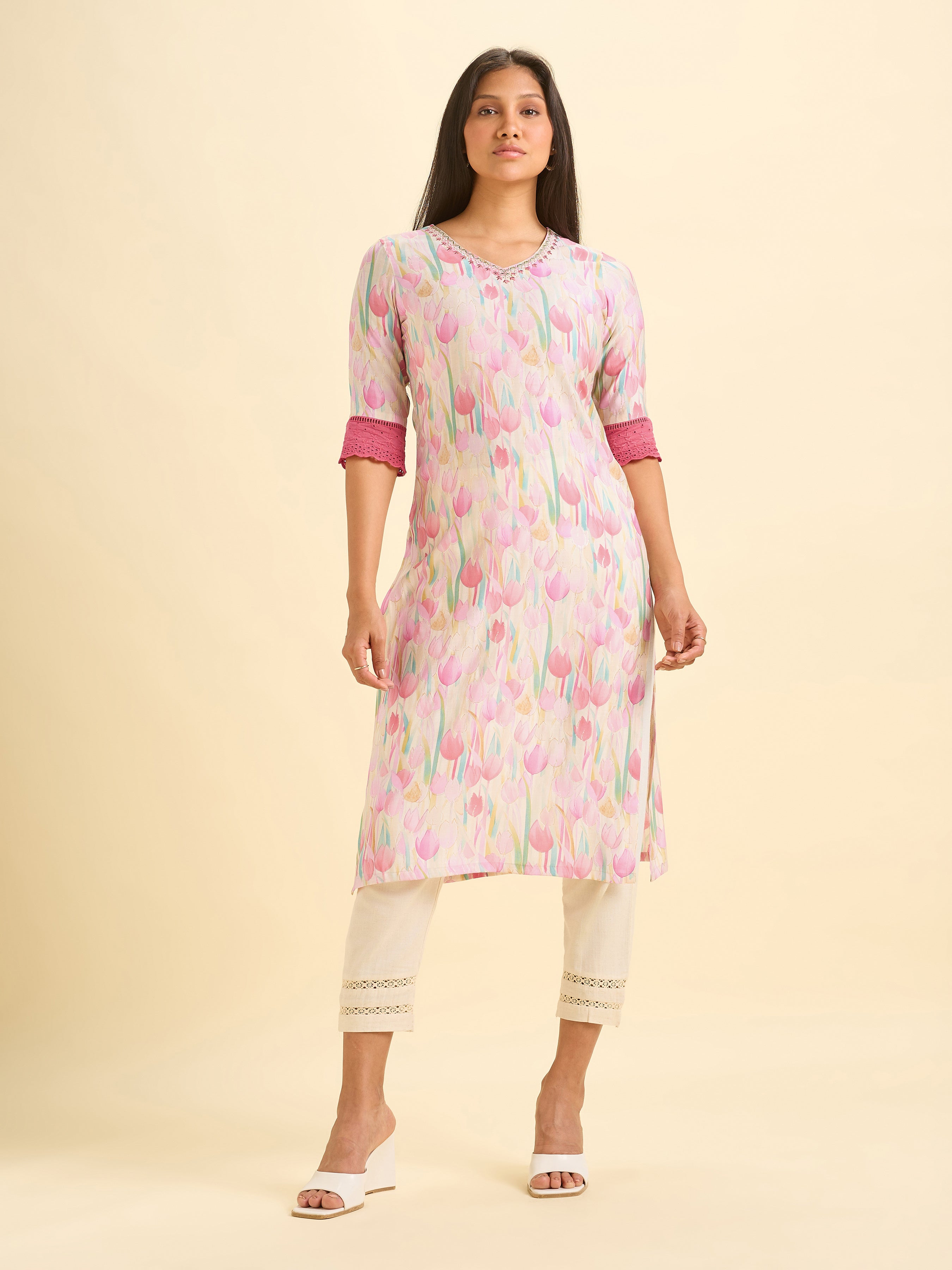 Multi Colour Modal Chanderi Printed Slited Kurti With Embroidery And Lace
