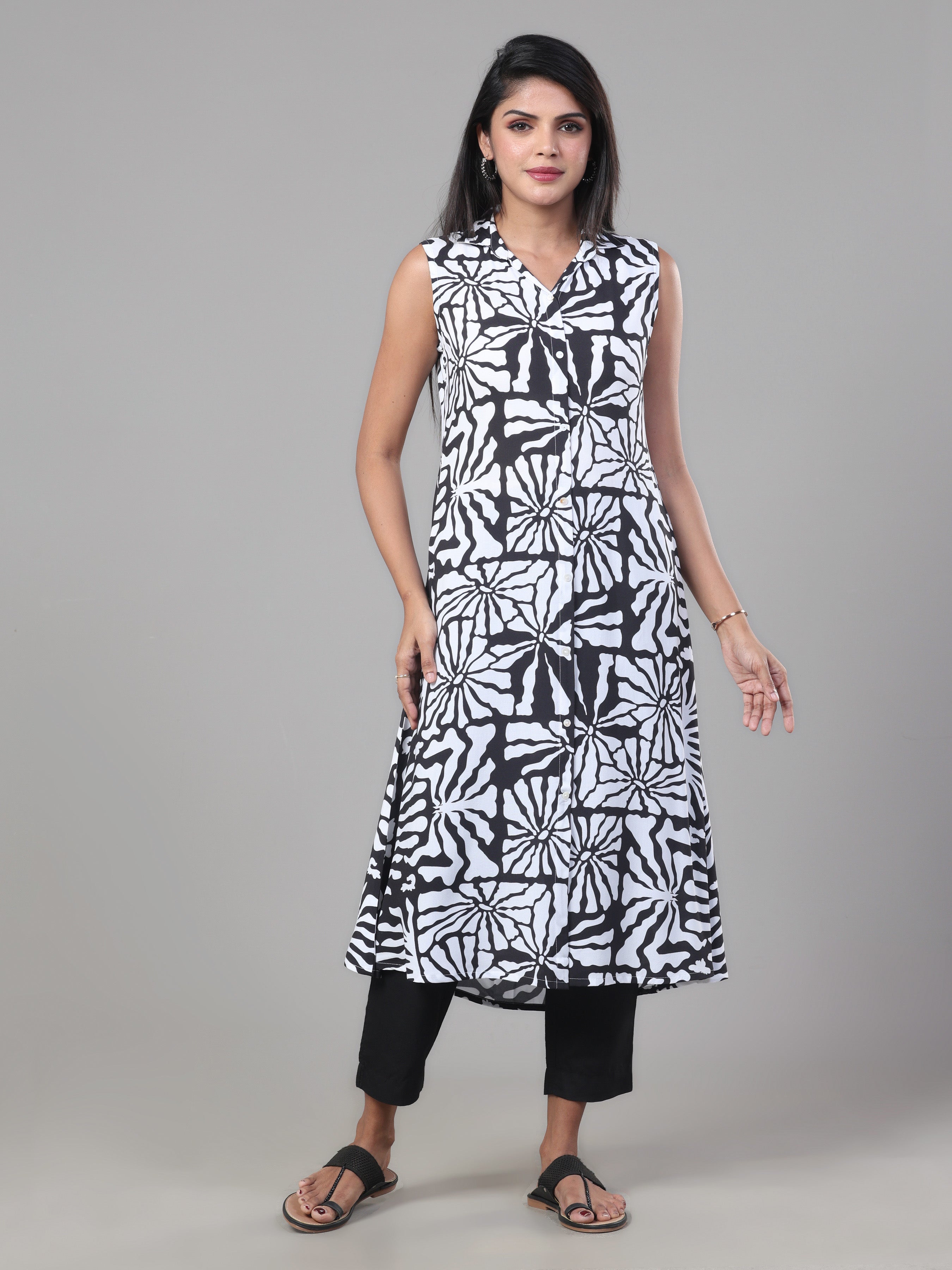 Black And White Viscose Printed Kurti