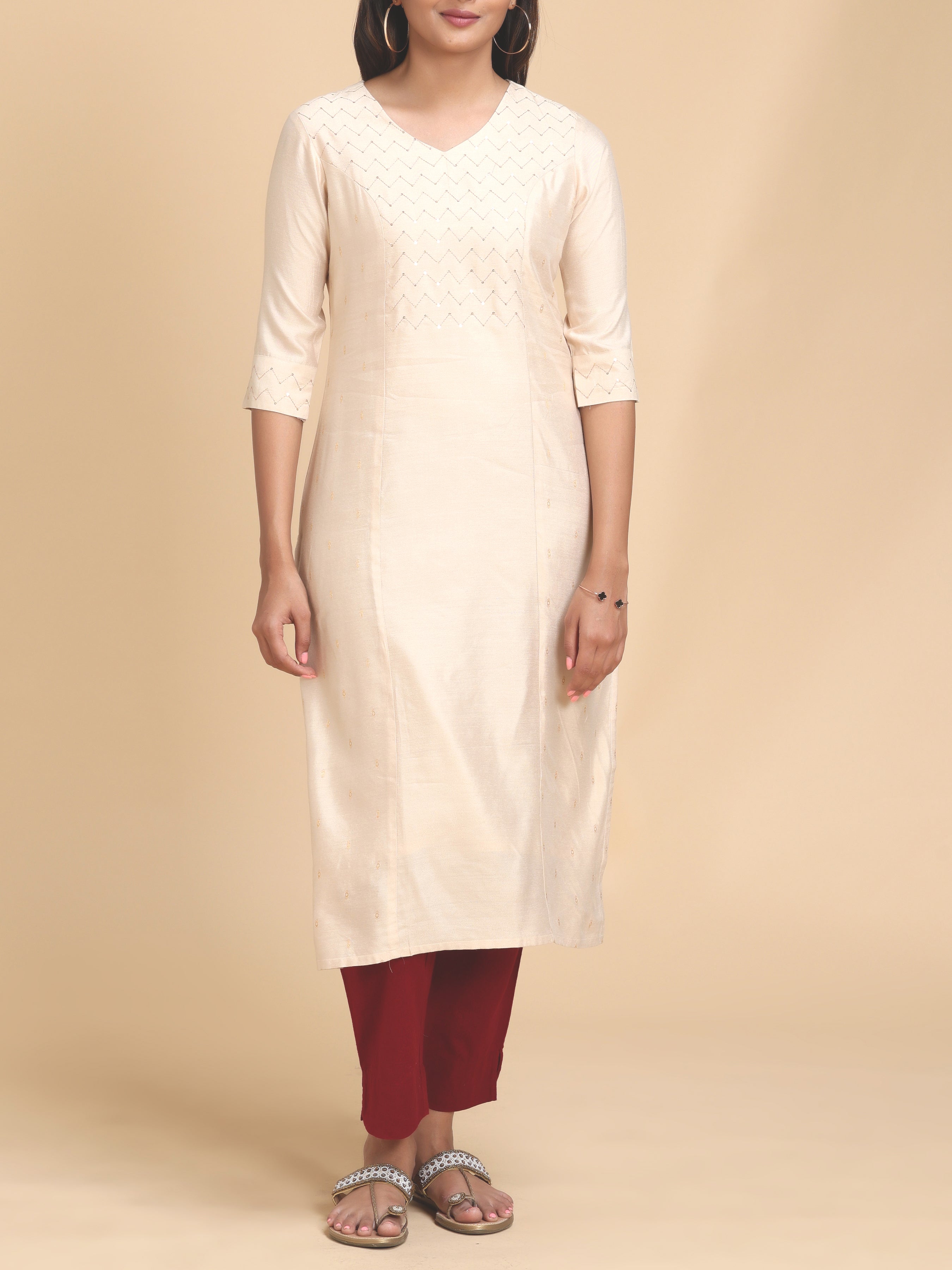 Beige Viscose Lain Kurti With Sequins Work