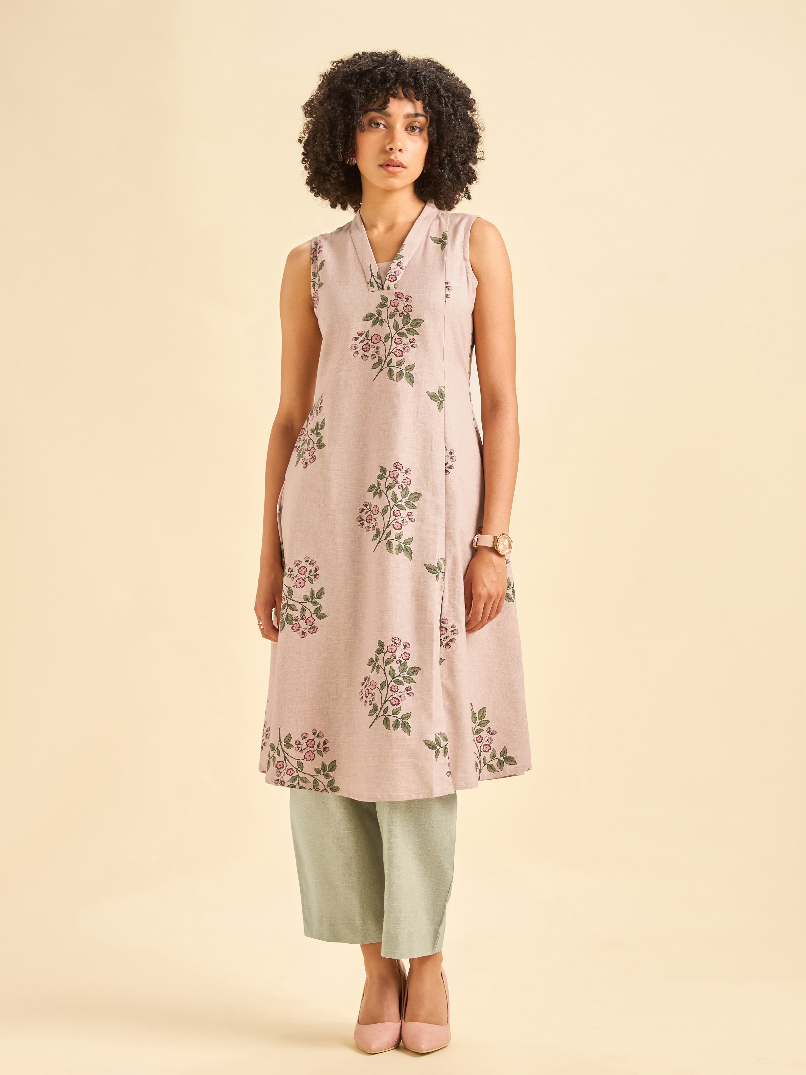 Onion Pink Cotton Flax Slub Sleeveless Kurti Set