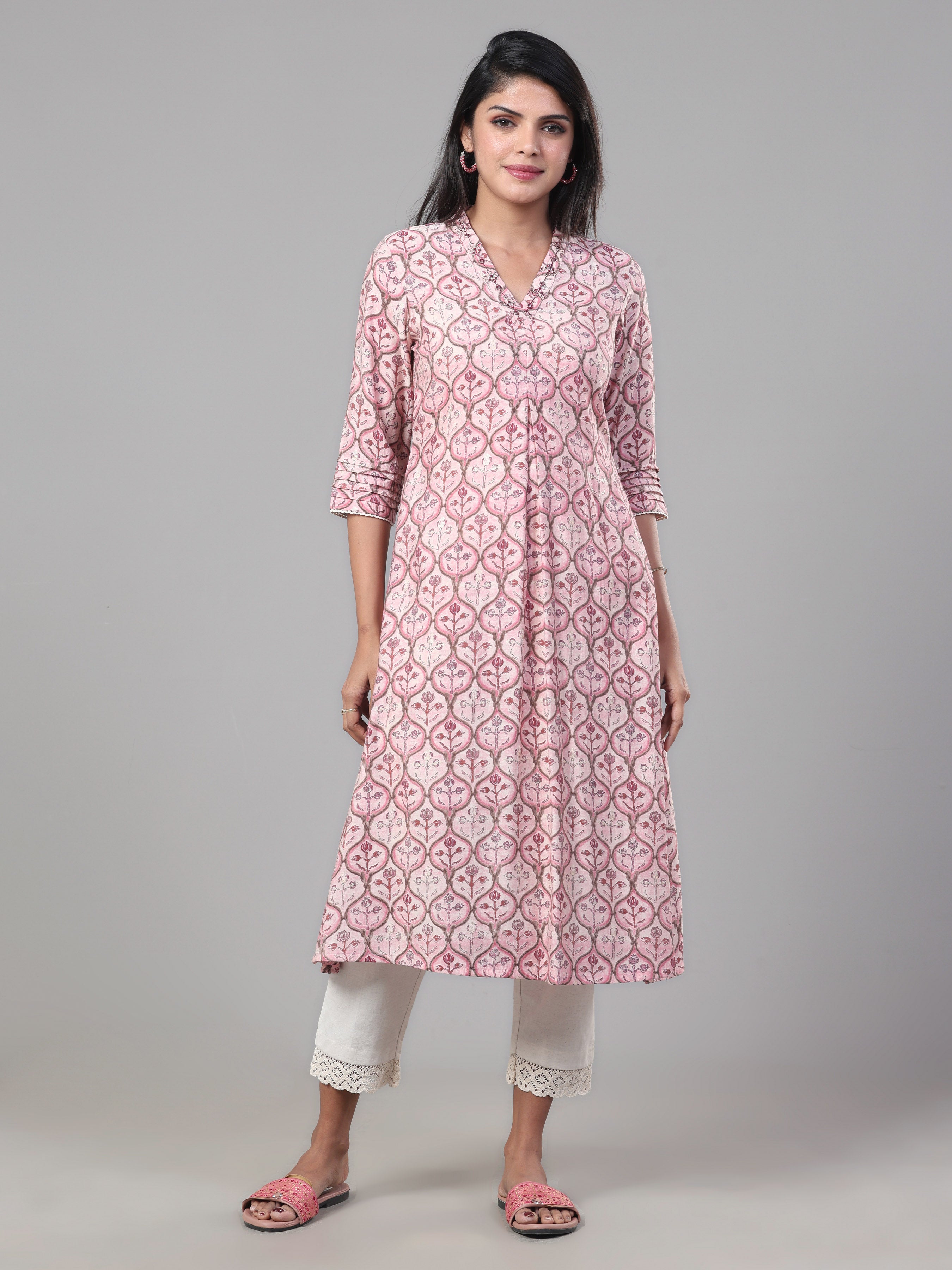 Pink Modal Chanderi Kurti With Embroidery