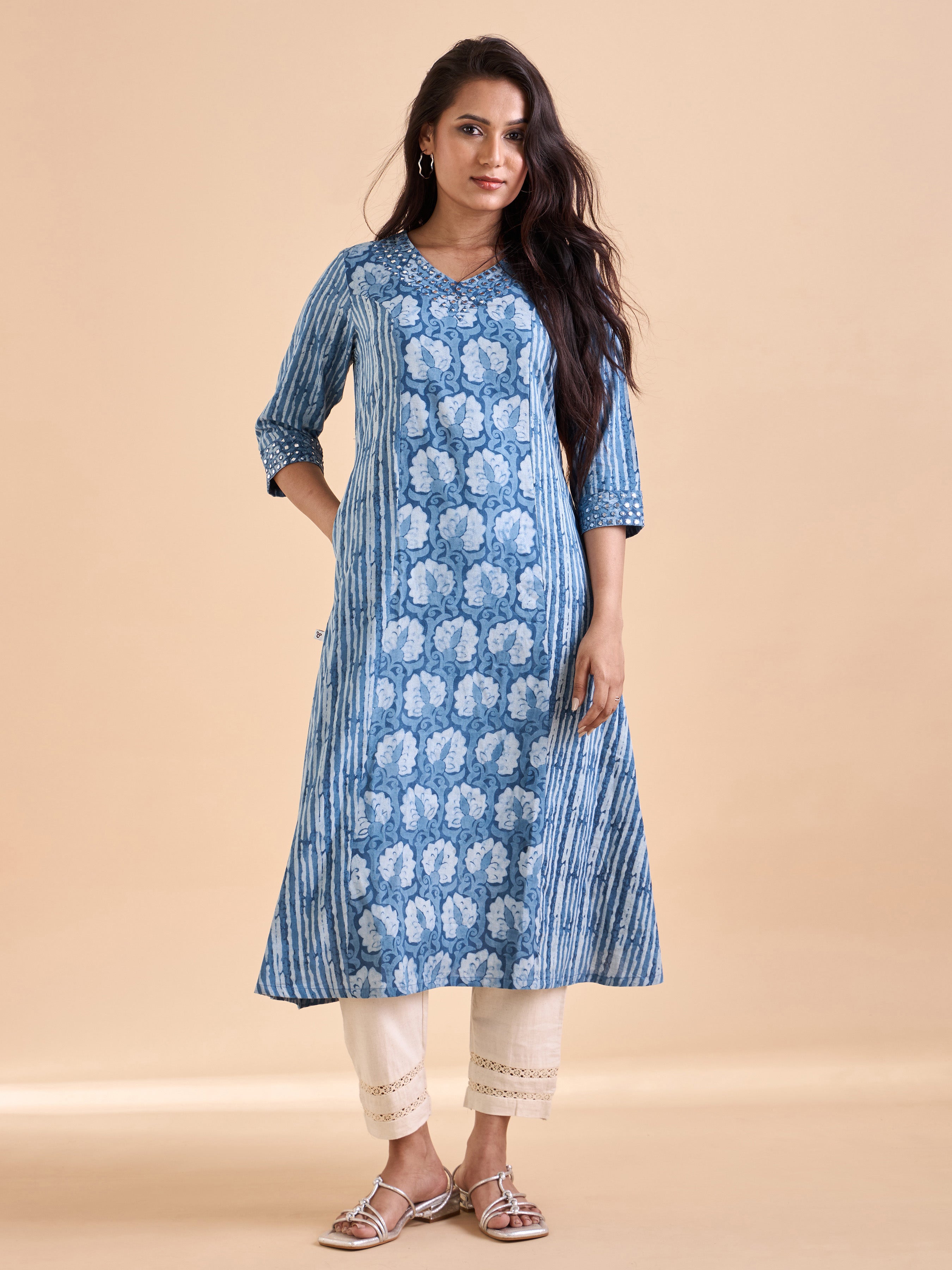 Blue Pure Cotton Printed Kurti With mirror Work