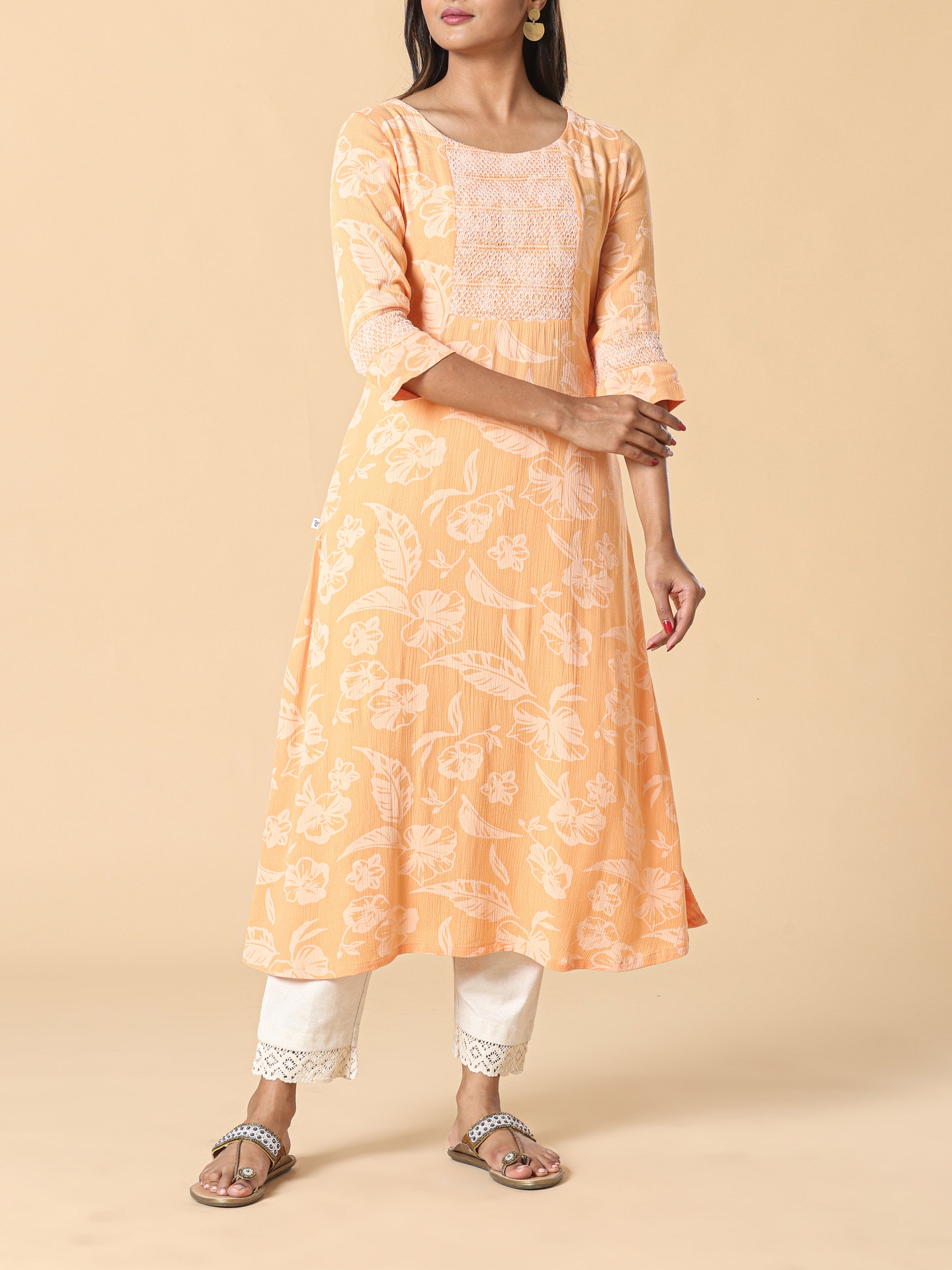 Yellow Wrinkled Rayon Kurti With Print
