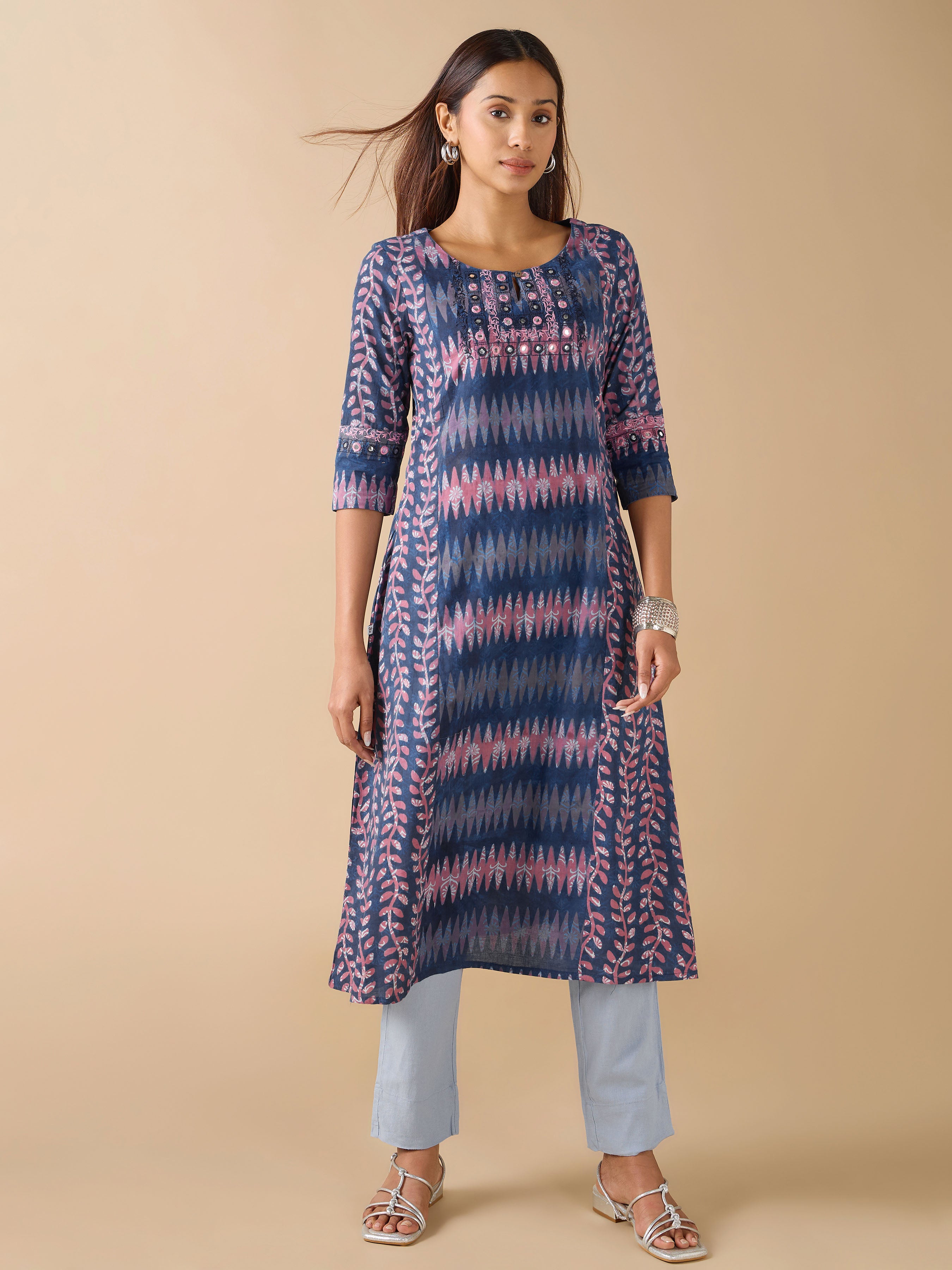 Indigo Pure Cotton Natural Printed Kurti With Mirror Embroidery