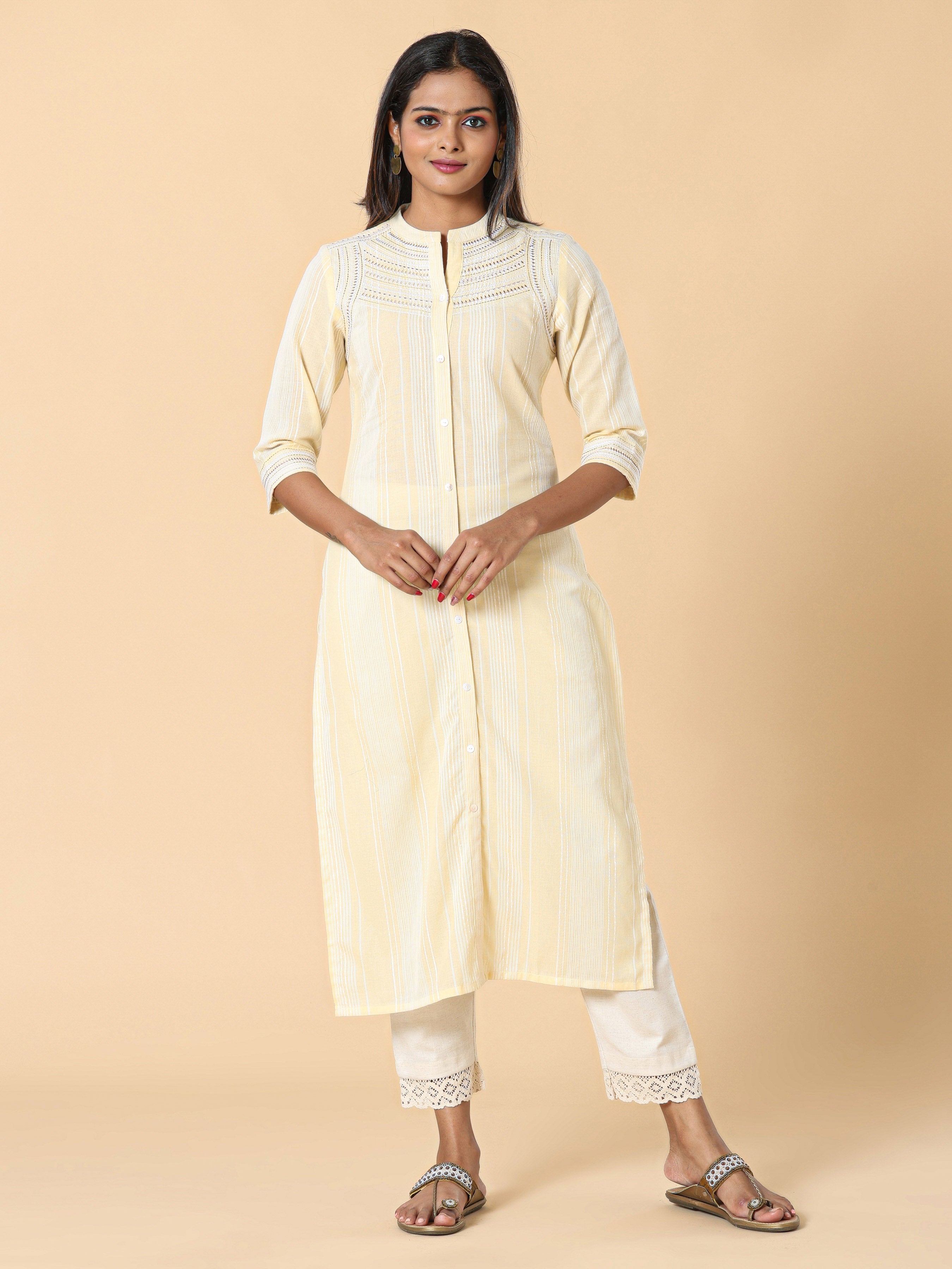 Pale Yellow Cotton Dobby Kurti With Embroidery