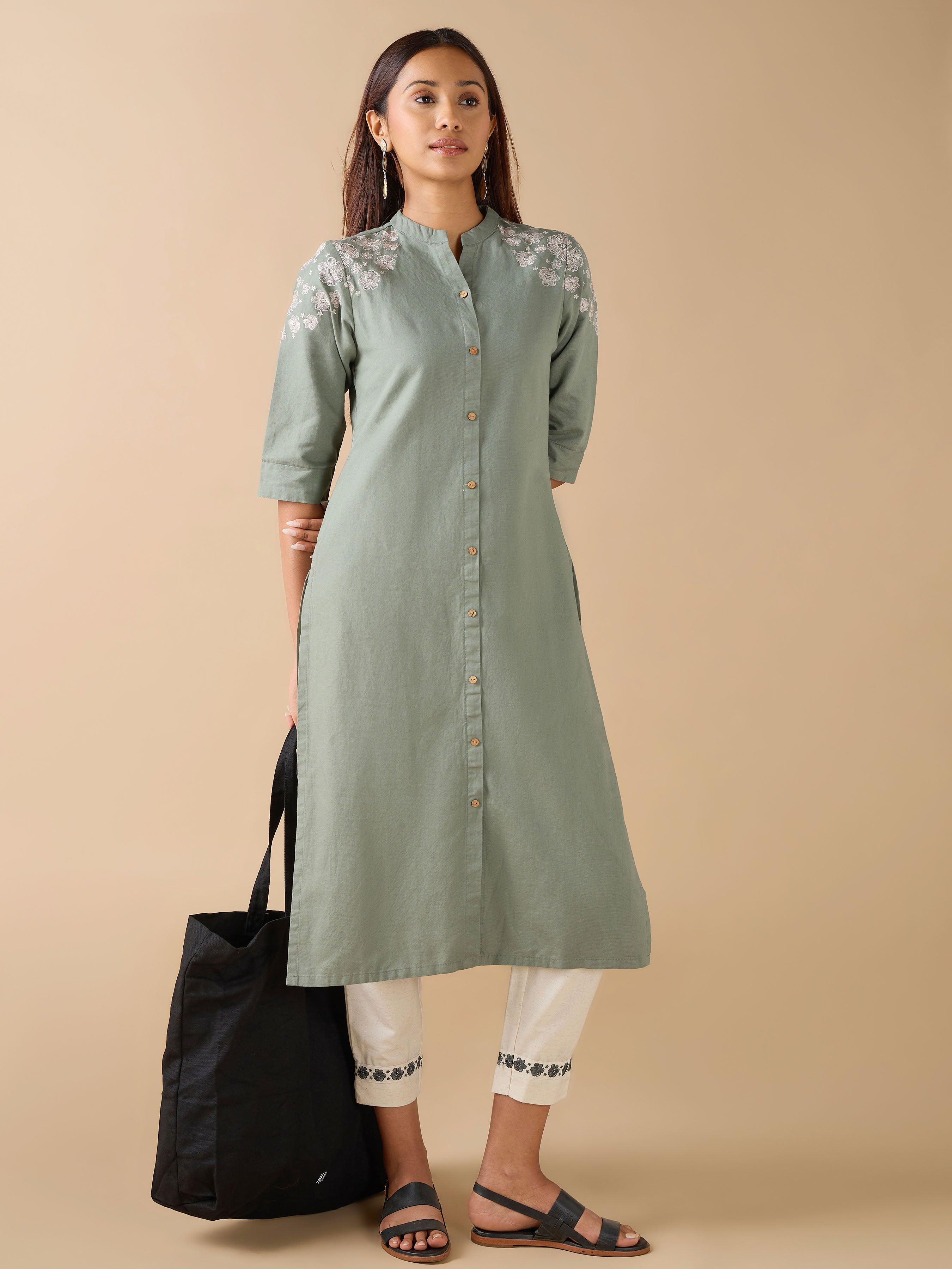 Sage Green Cotton Linen Plain Kurti With Embroidery And Matching Bottom