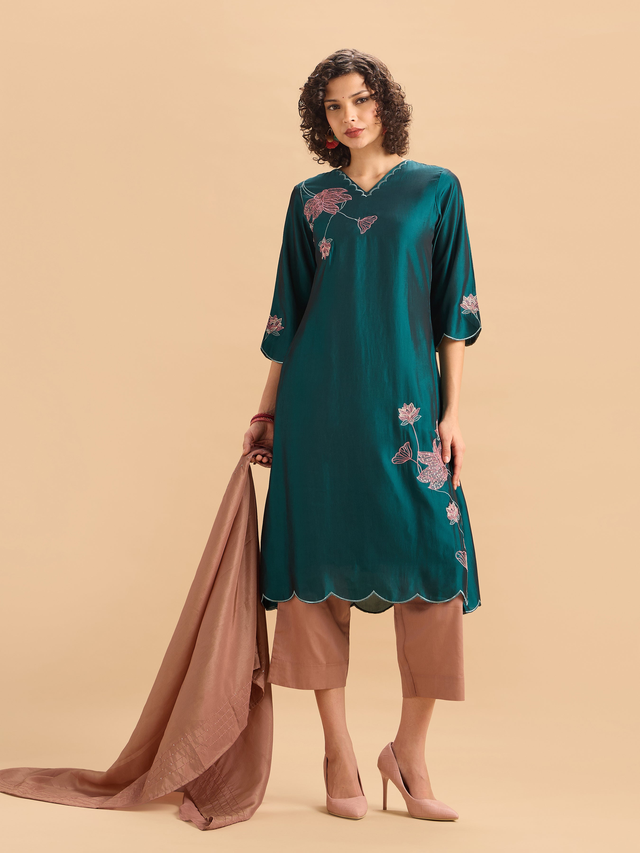 Teal Viscose Blend Kurti Set With Dupatta & Sequins Embroidery