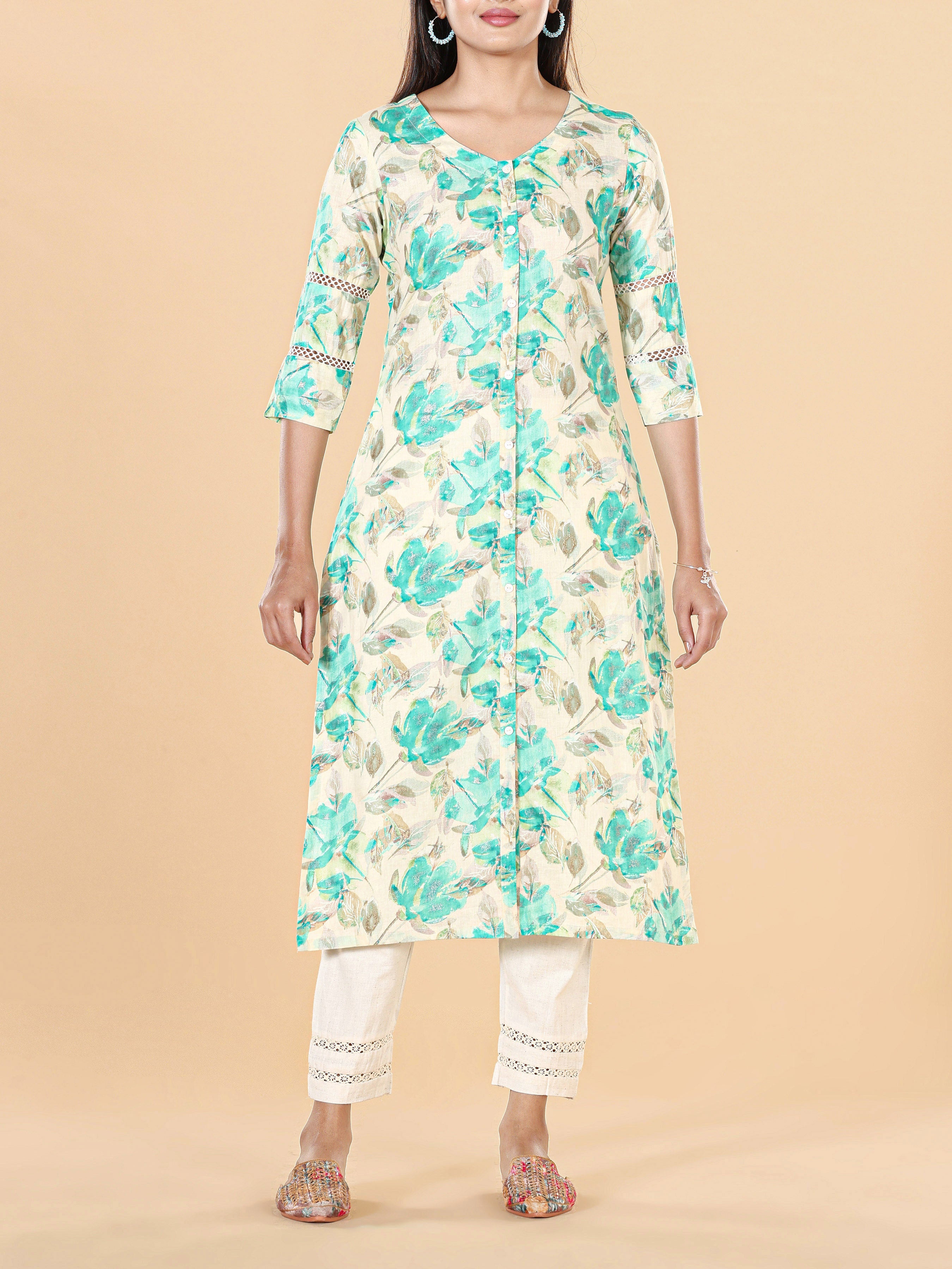 Multi Colour Pure Cotton Printed Kurti With Lace Detailing