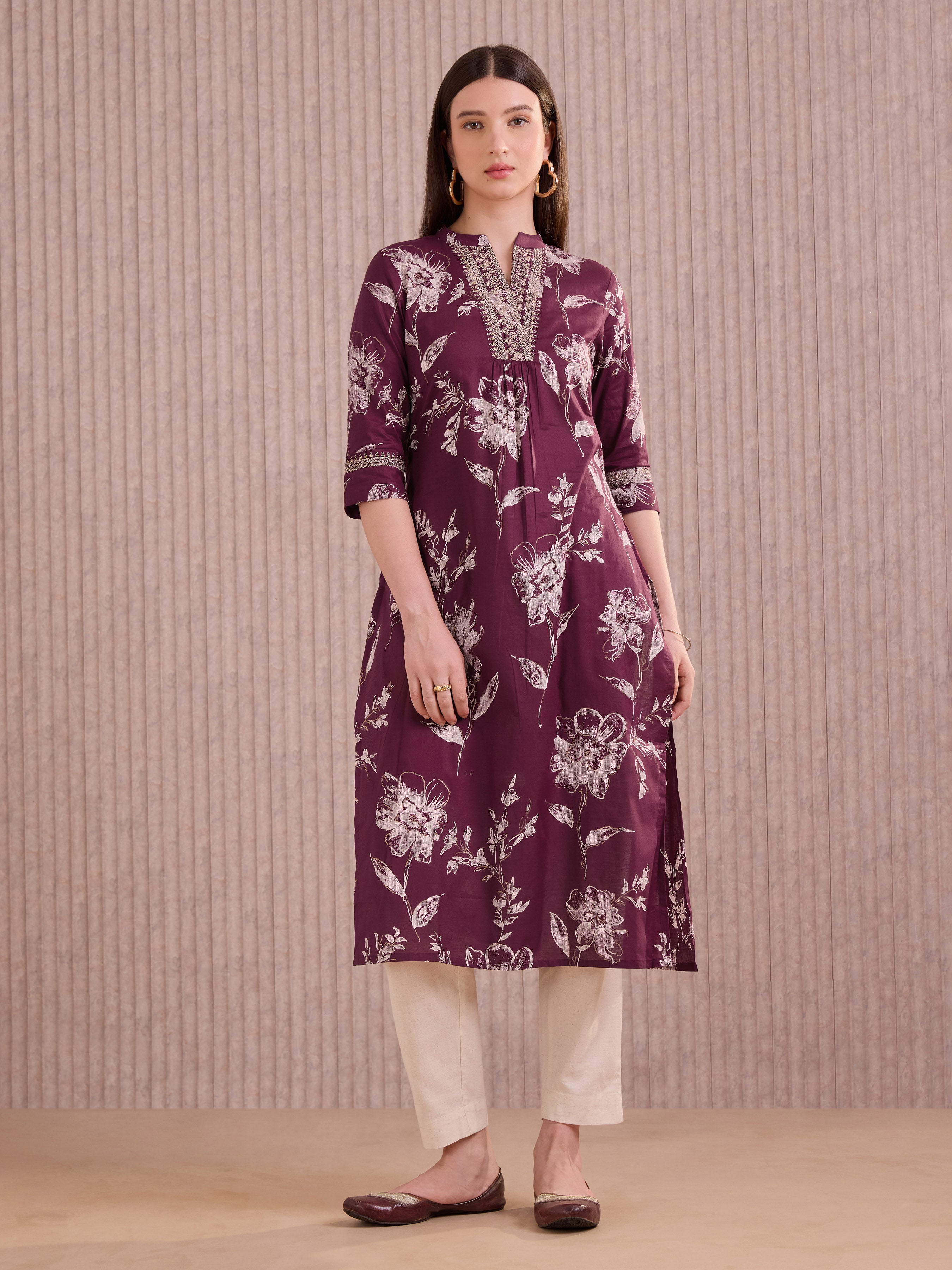 Meroon Pure Cotton Foil Printed Kurti With Sequins Embroidery