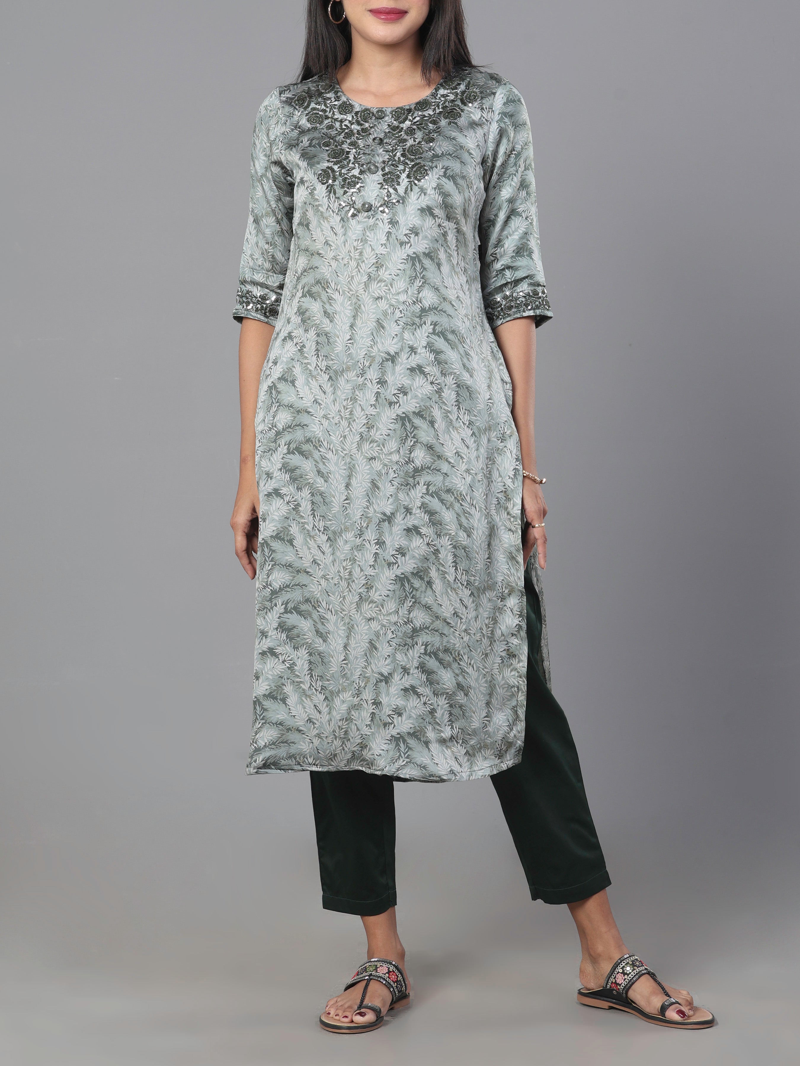 Sage Green Organza Satin Kurti With Embroidery And Matching Bottom
