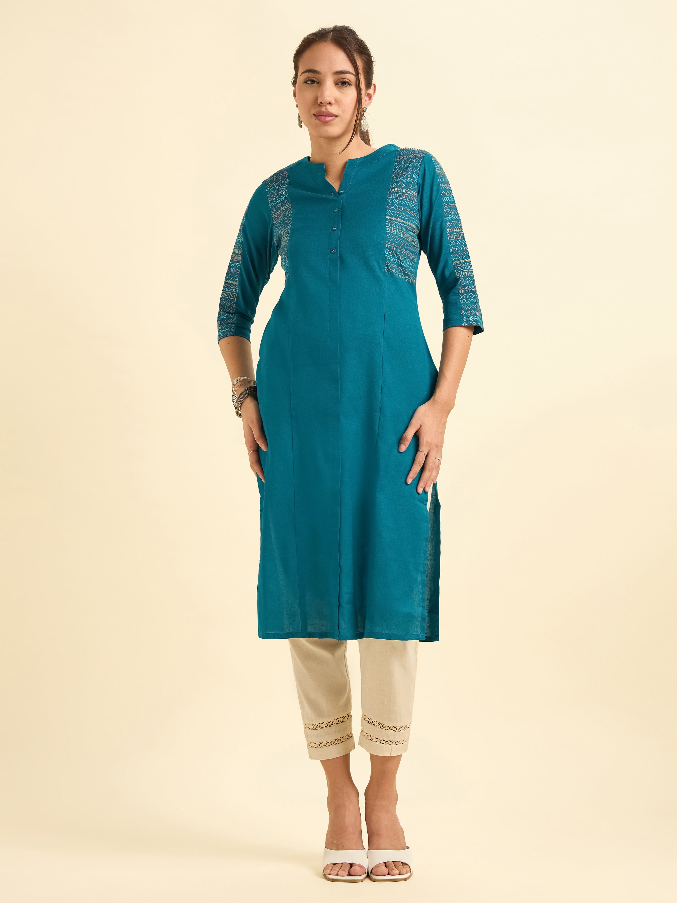 Peacock Blue Cotton Flax Slitted Kurti With Embroidery