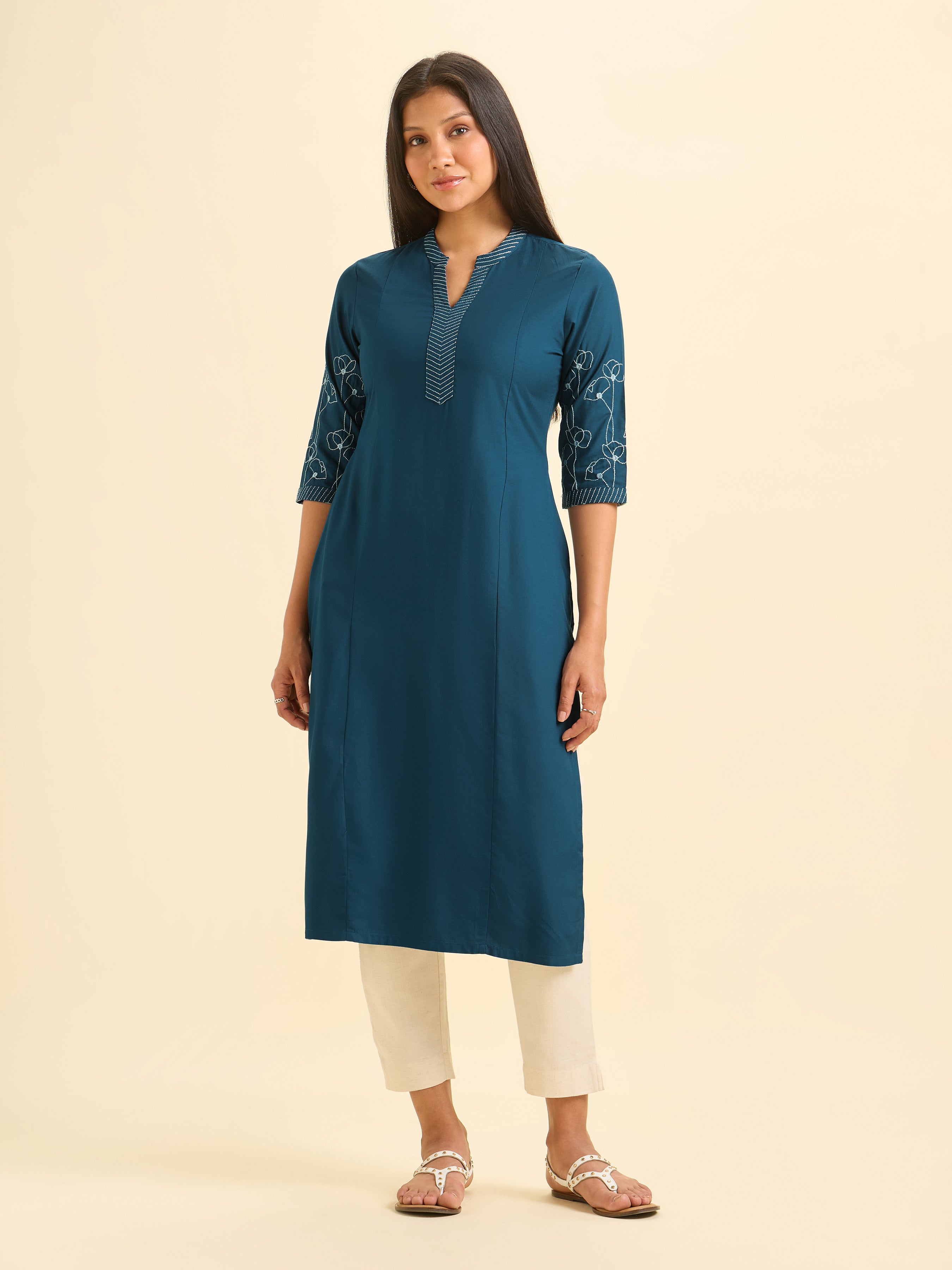 Classic Blue Viscose Plain Slitted Kurti With Embroidery