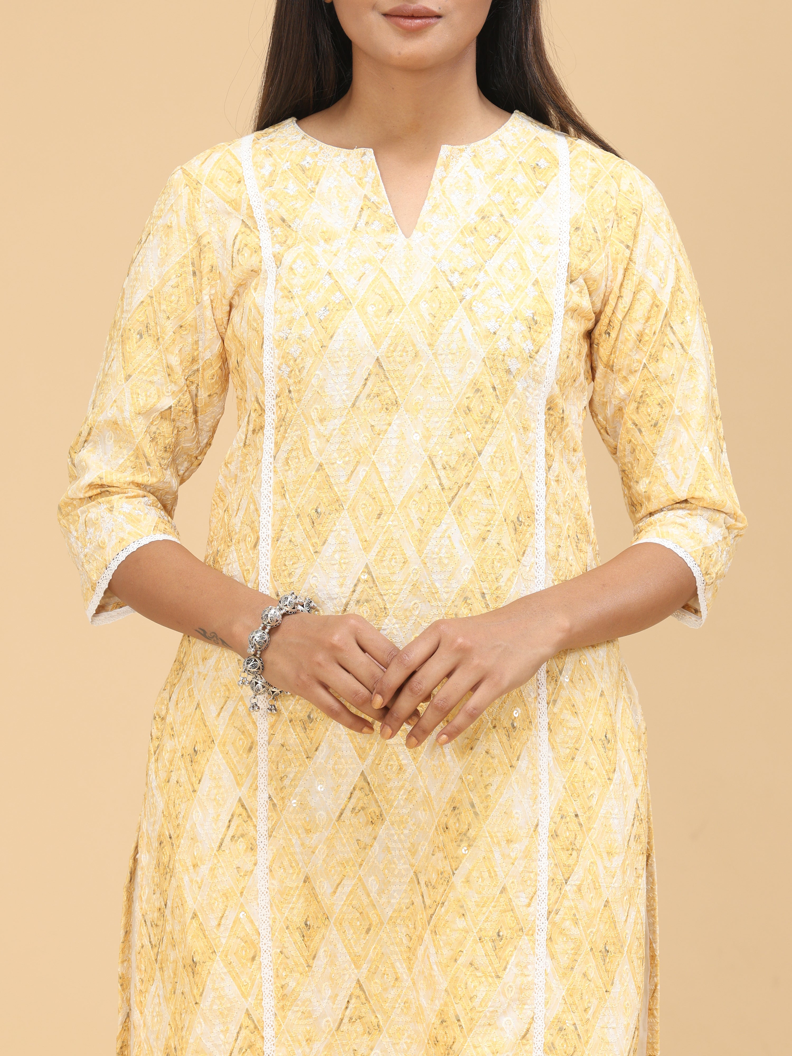 Yellow Viscose Schifili Printed Kurti With Embroidery