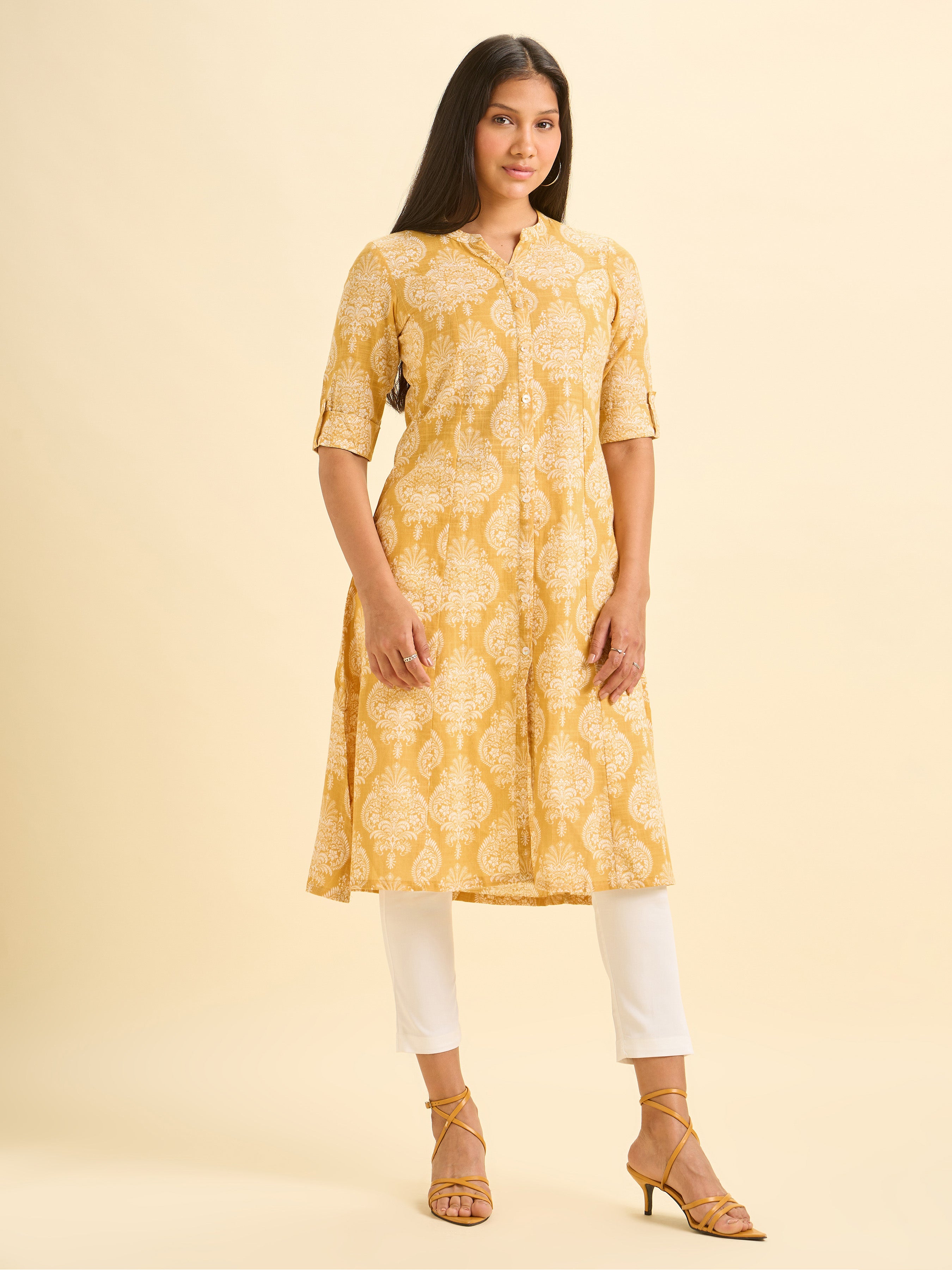 Mustard And White Cotton Slub Printed Flared Kurti With Princess Cut