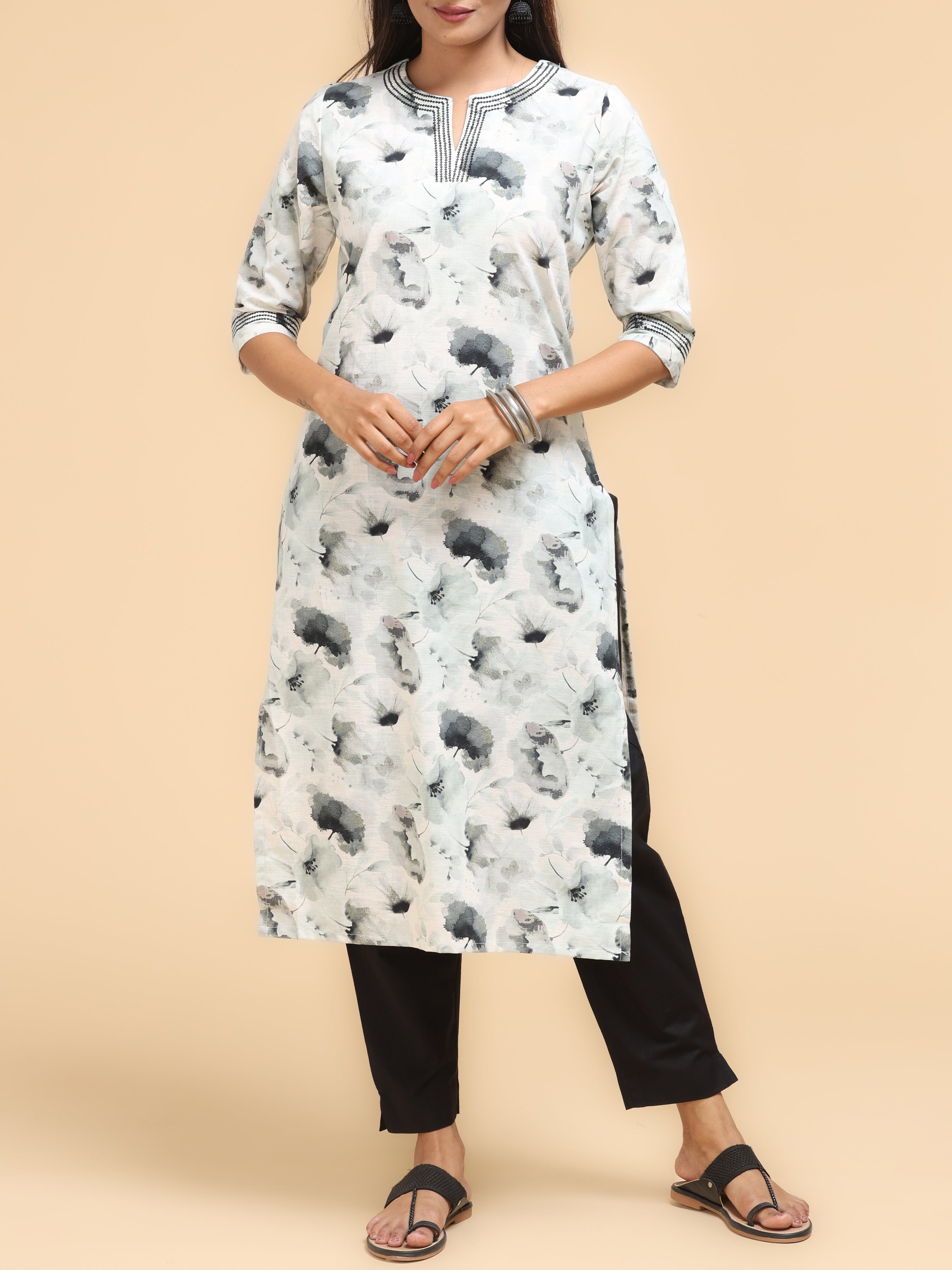 Off White Viscose Cotton Kurti With Digital Print
