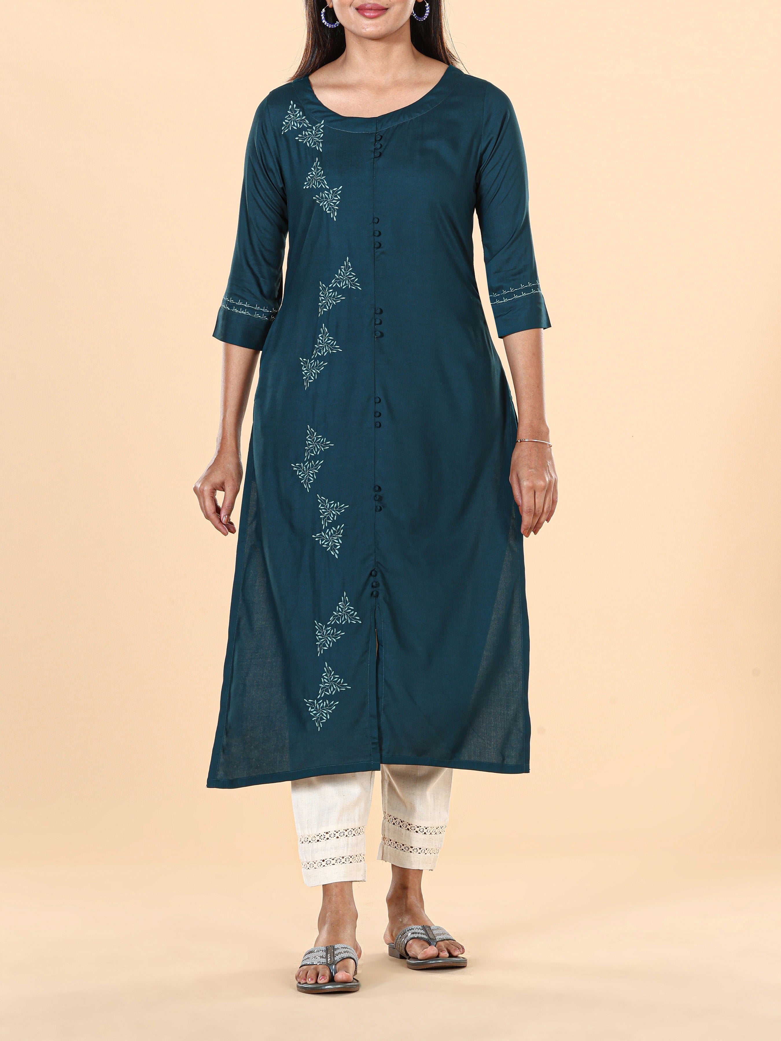 Teal Blue Viscose Plain Kurti With Embroidery