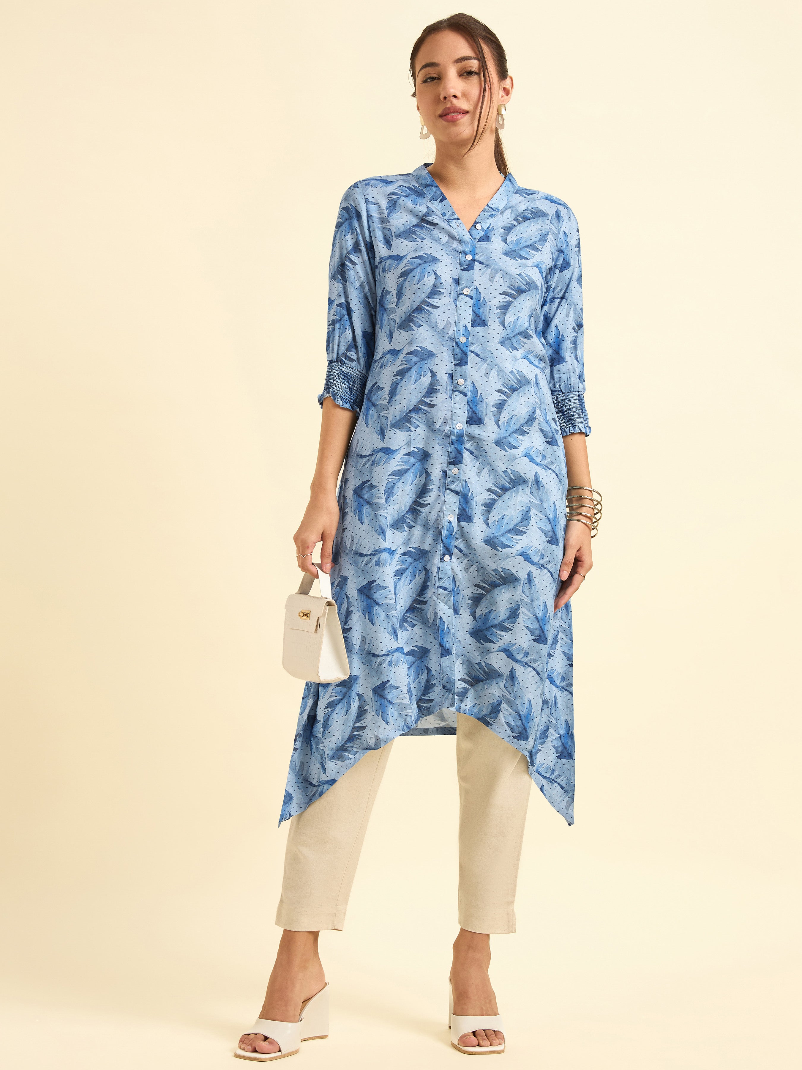 Blue Multi Colour Viscose Dobby Printed Kurti With Smocking And Shaped Hemline
