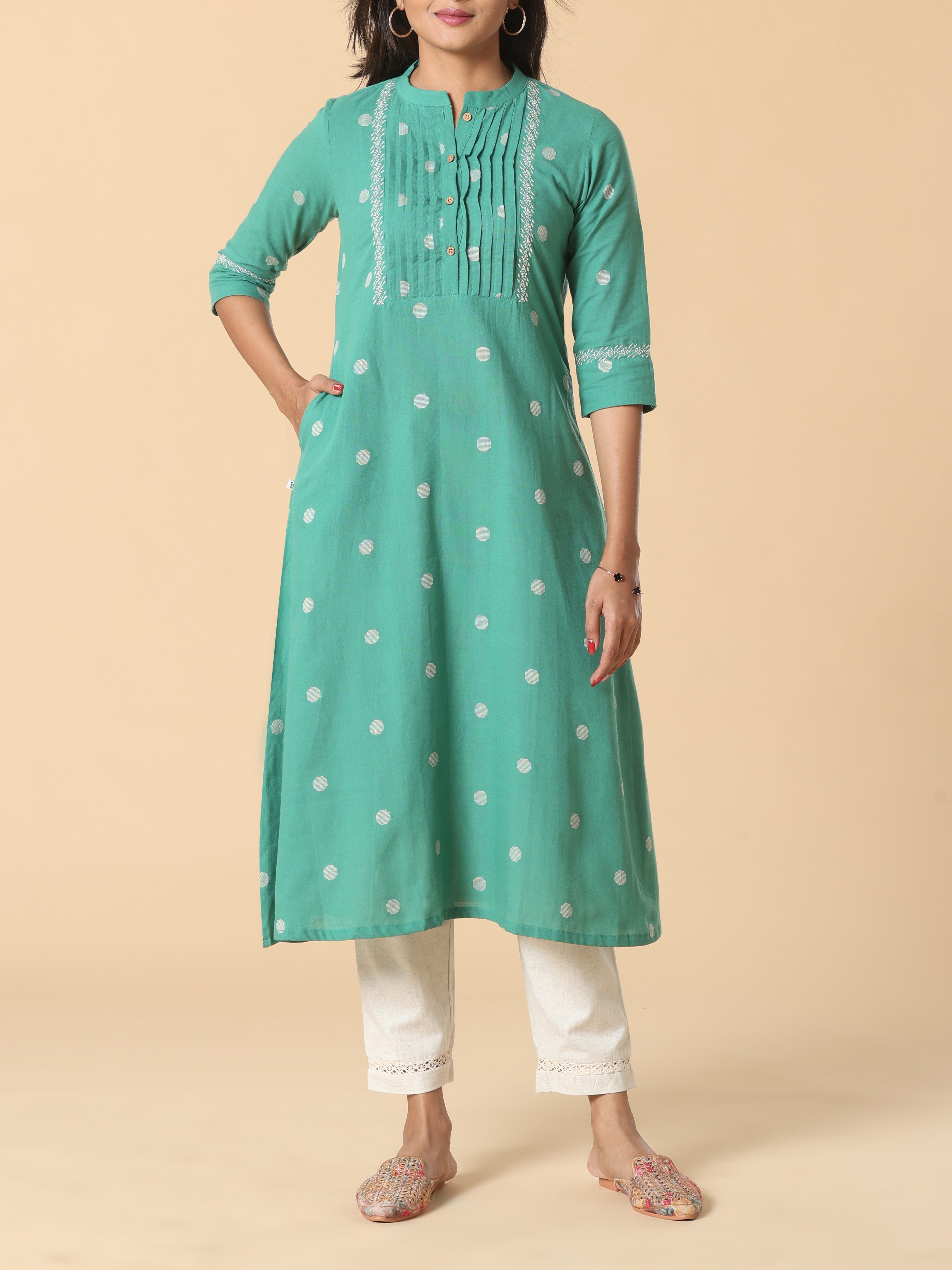 Aqua Green Cotton Dobby Kurti With Embroidery