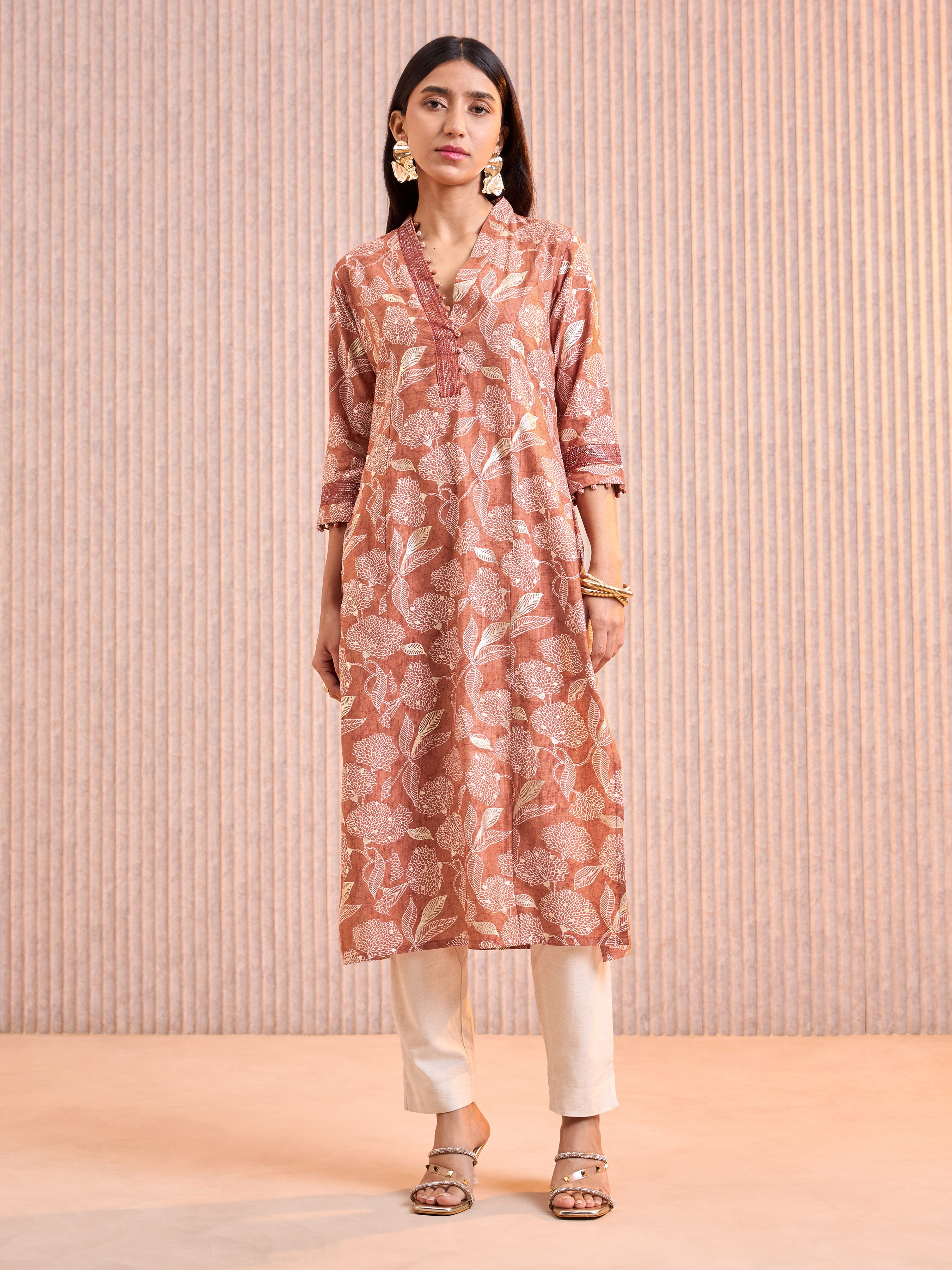 Rust Orange Viscose Blend Slited Princess Cut Kurti With Embroidery Work