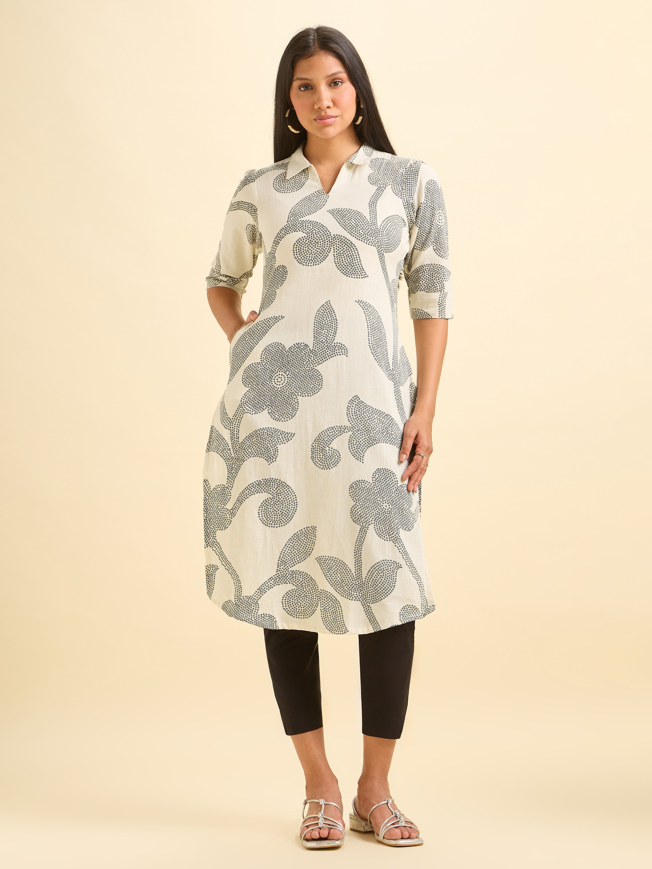 Ivory Cotton Flax Printed Kurti With Liberty Cut.