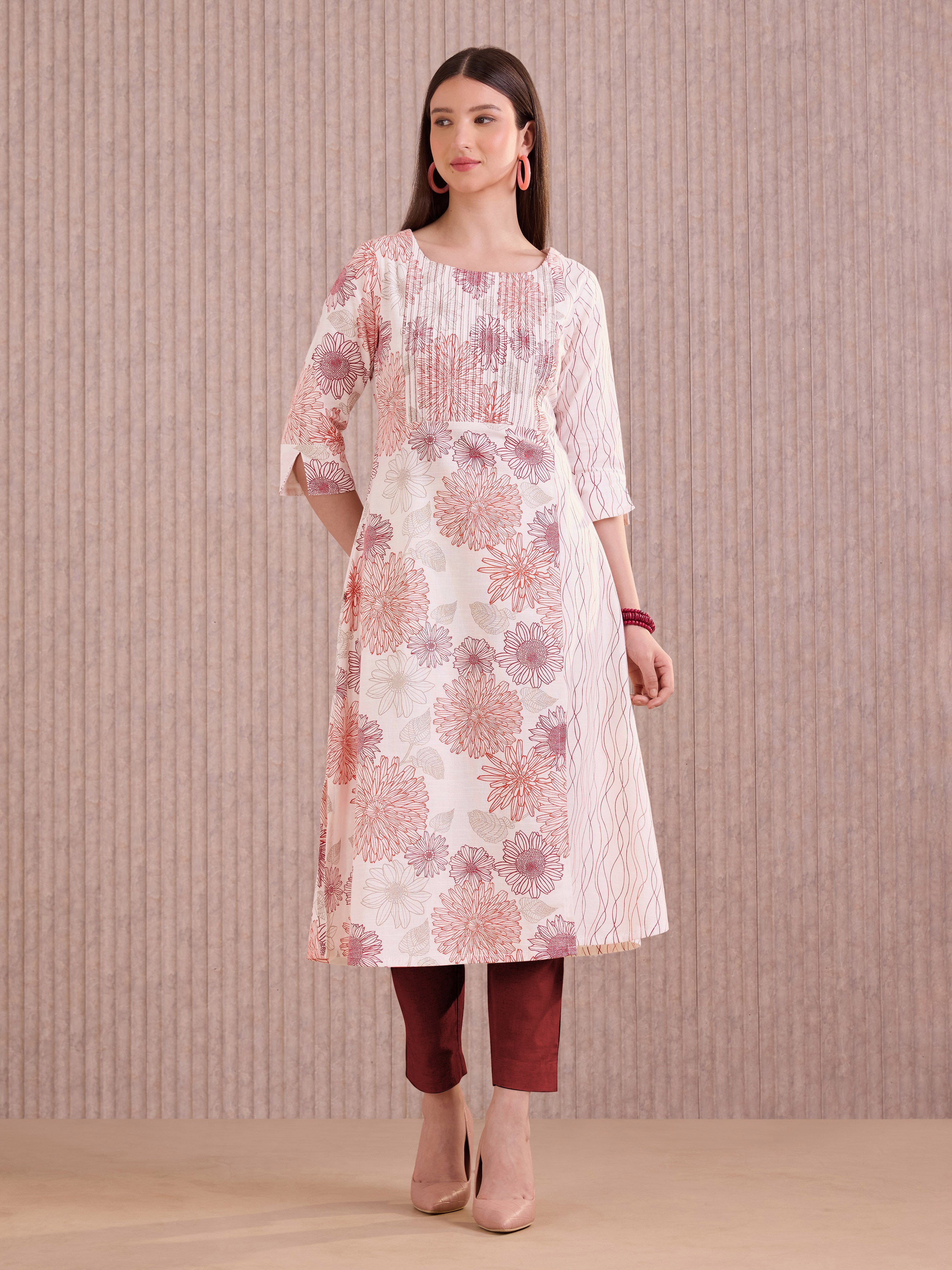 White Cotton Flax printed Kurti With Embroidery.