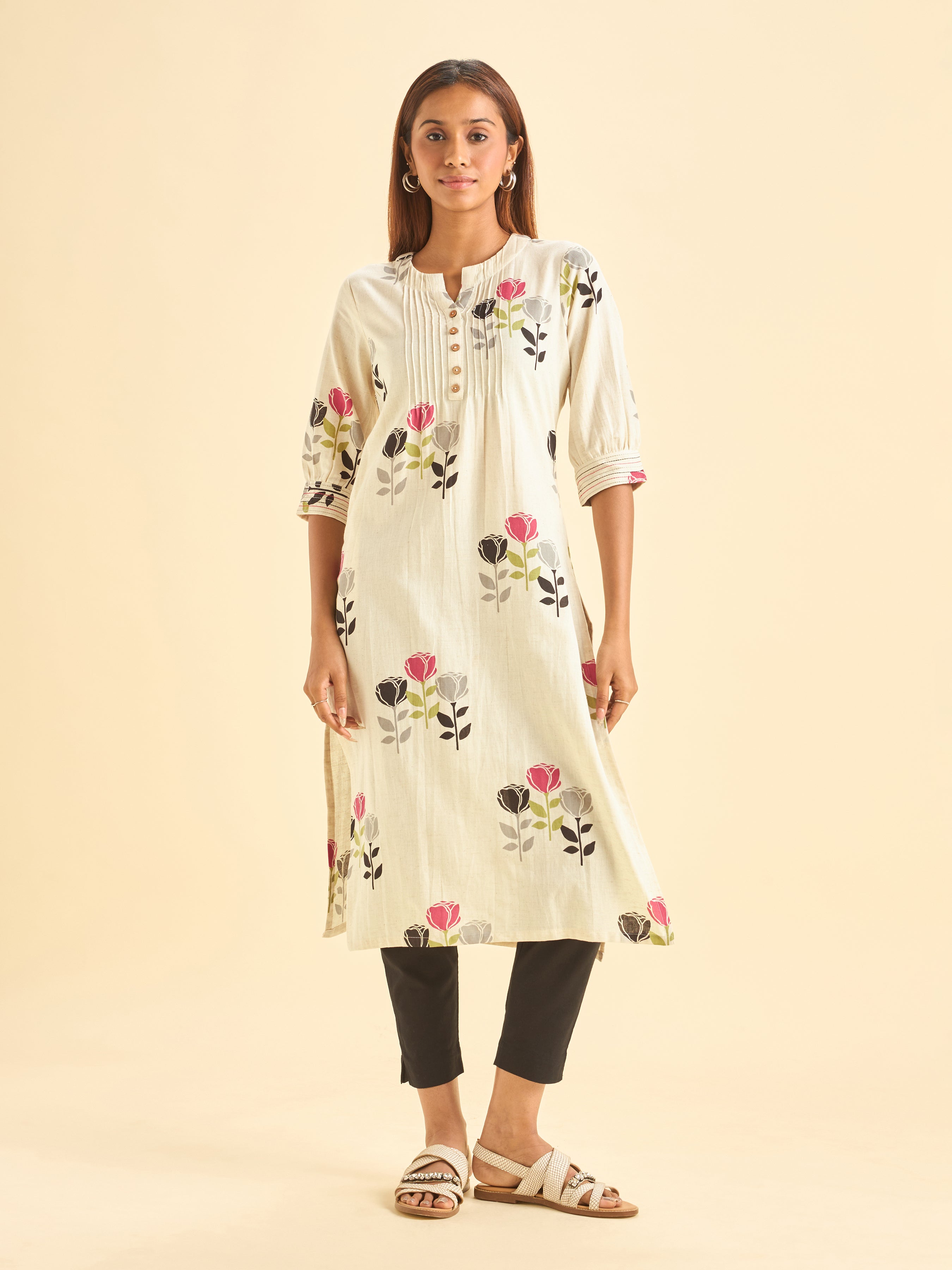 Multicolour Cotton Flax Printed Slited Kurti With Embroidery On Sleeves And Pintucks