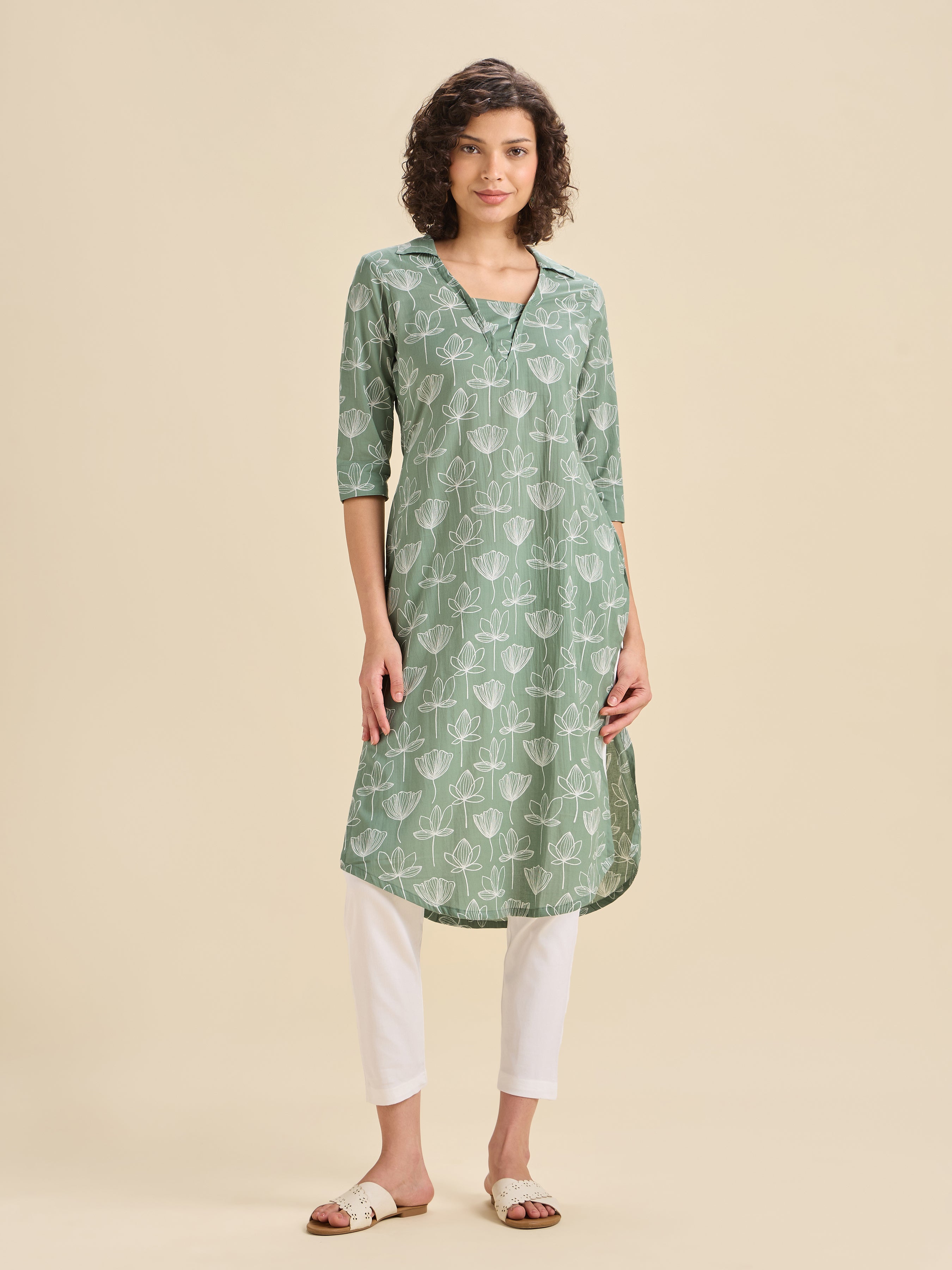 Sage Green Pure Cotton Printed Slited Kurti With Curved Hem