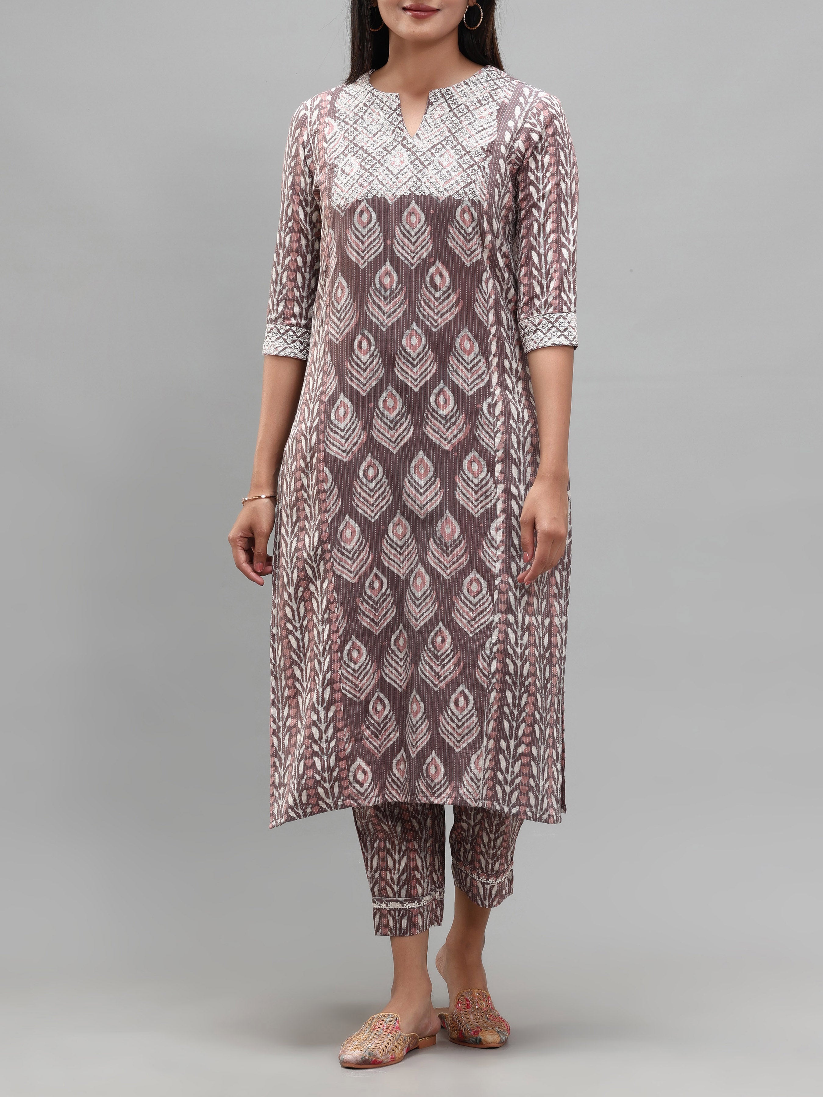 Purple Pure Cotton Printed Kurti With Embroidery And Matching Bottom