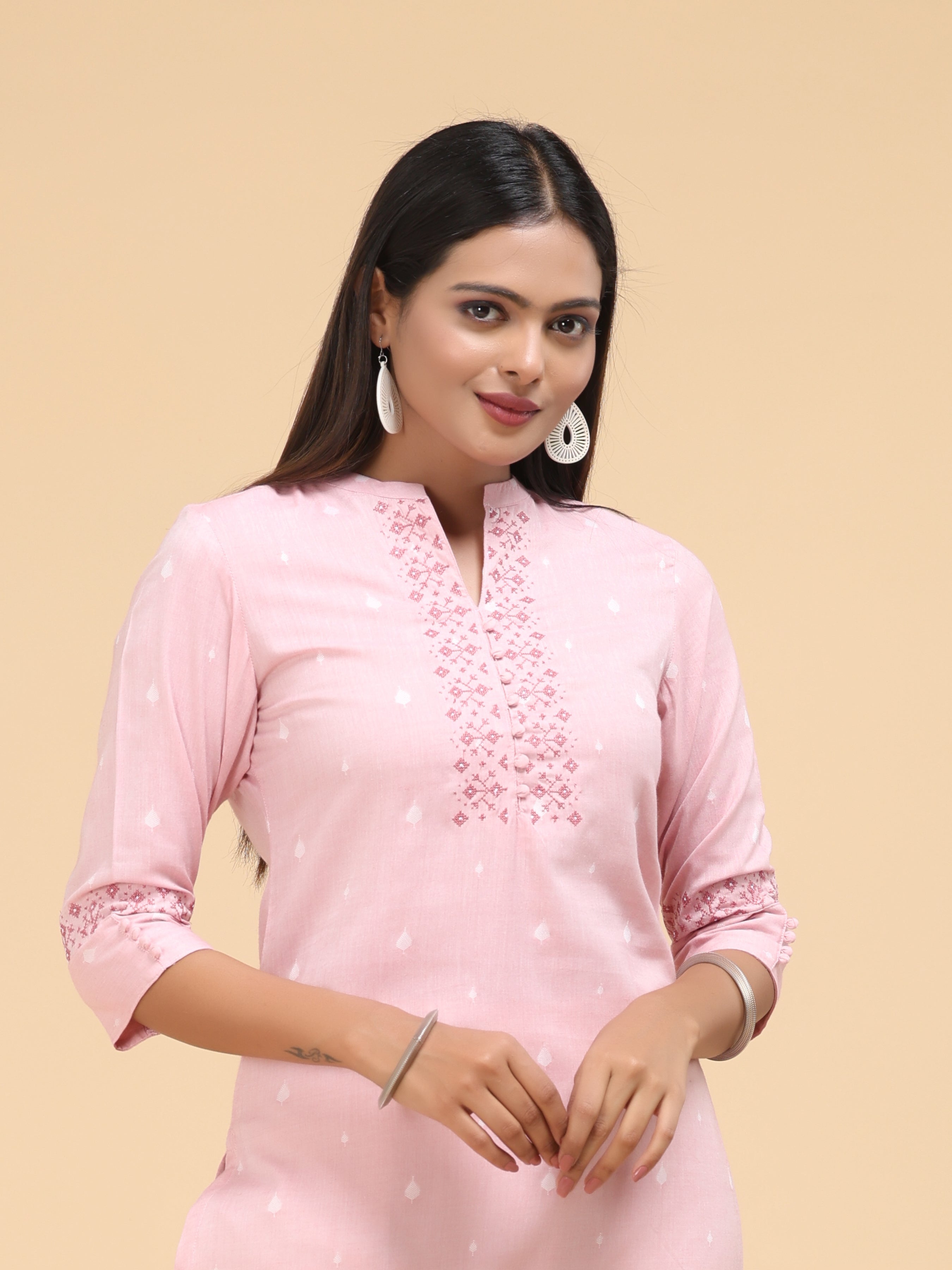 Light Pink Cotton Dobby Kurti With Embroidery