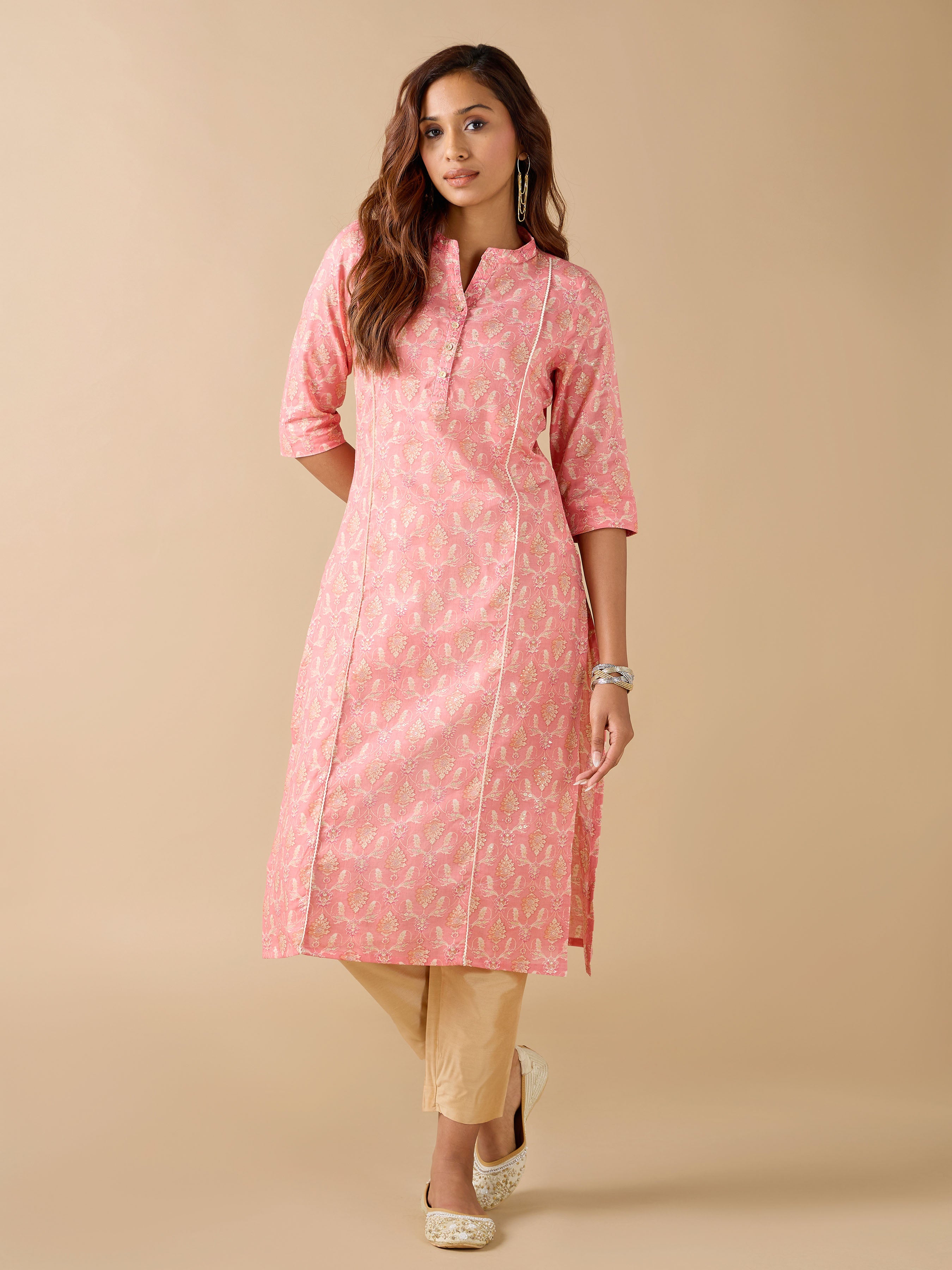 Pink Pure Cotton Foil Printed Kurti With Lace And Embroidery