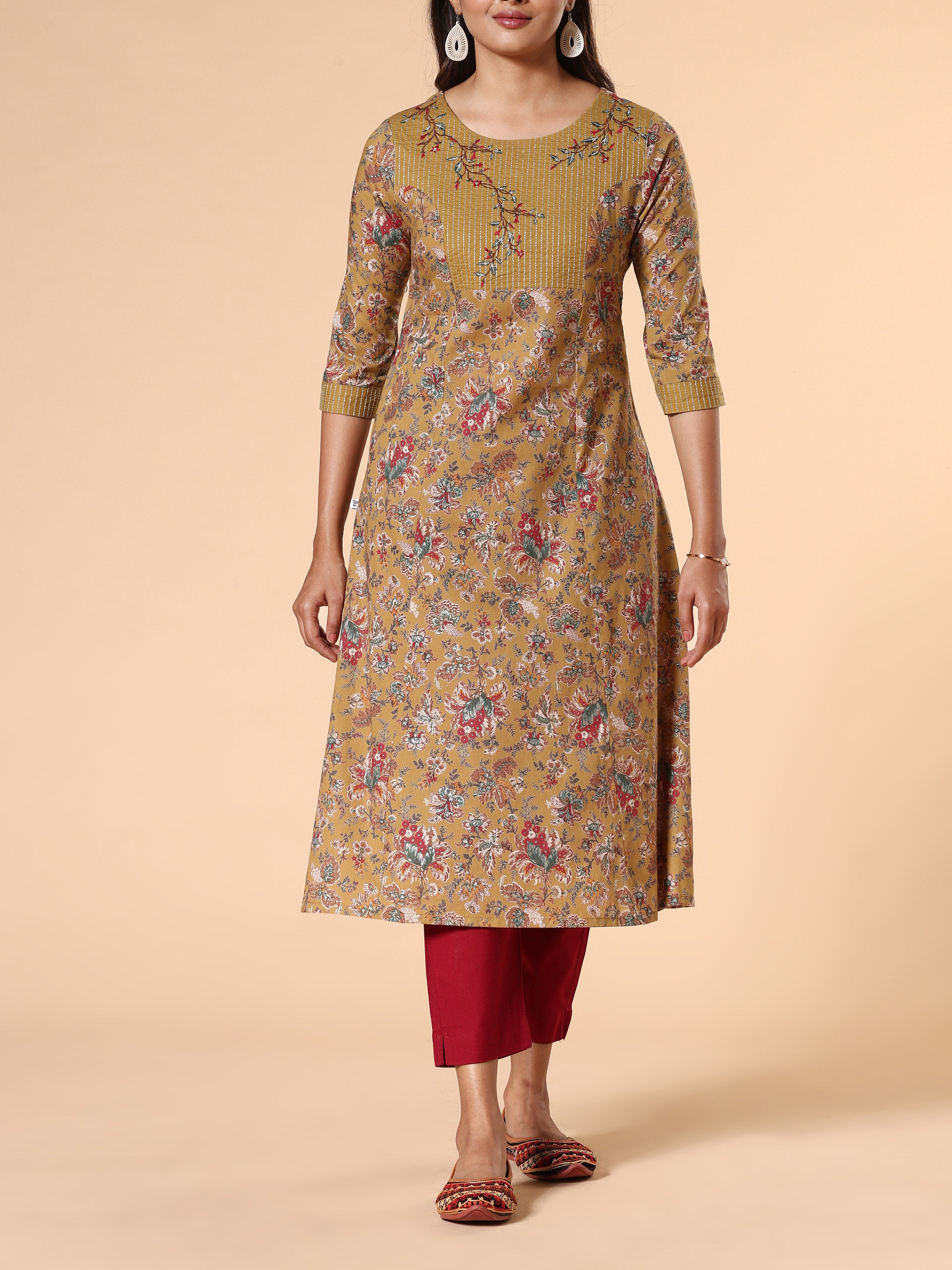 Olive Green Pure Cotton Printed Kurti With Embroidery