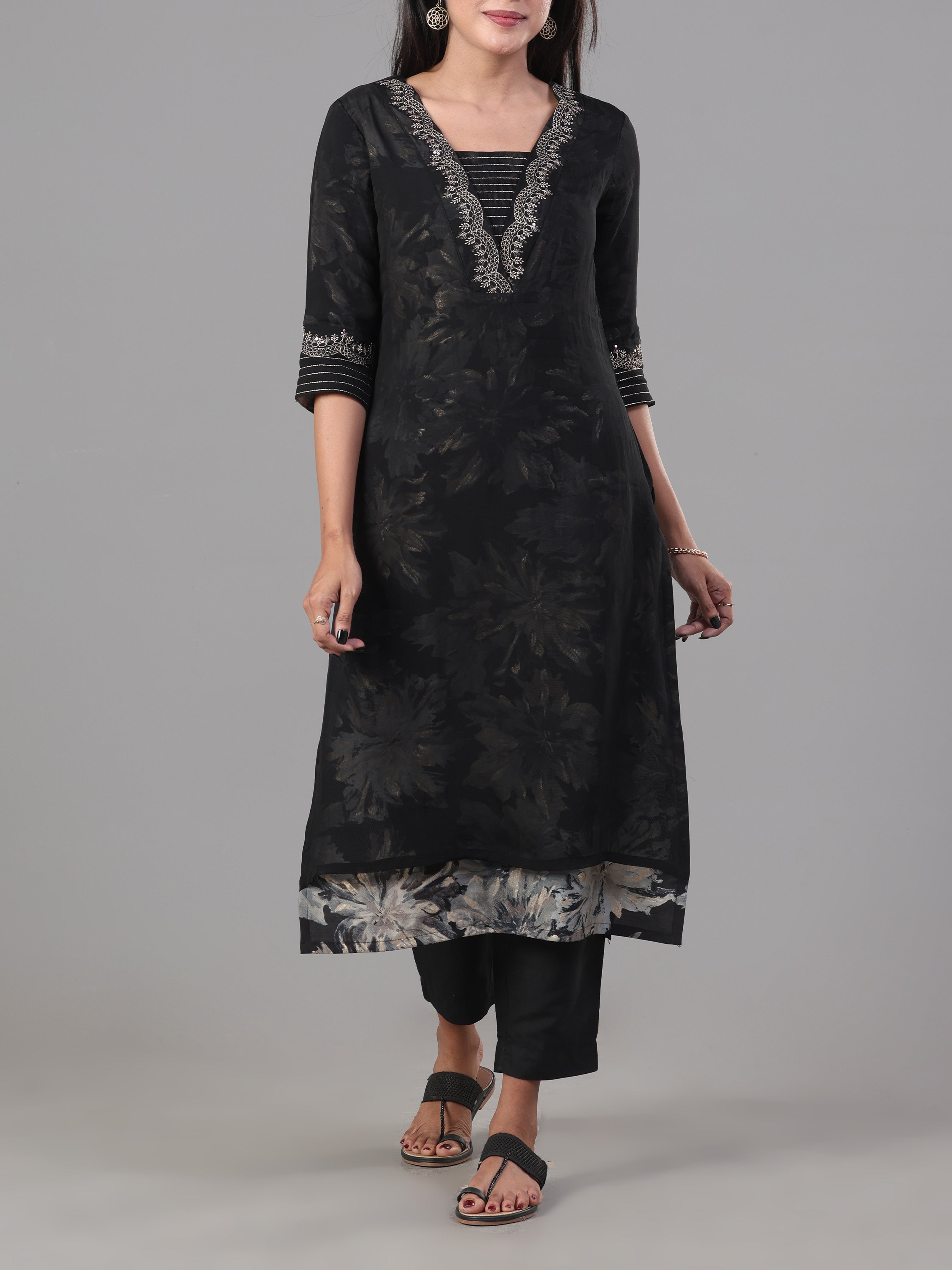 Black Modal Chanderi Printed Kurti With Embroidery