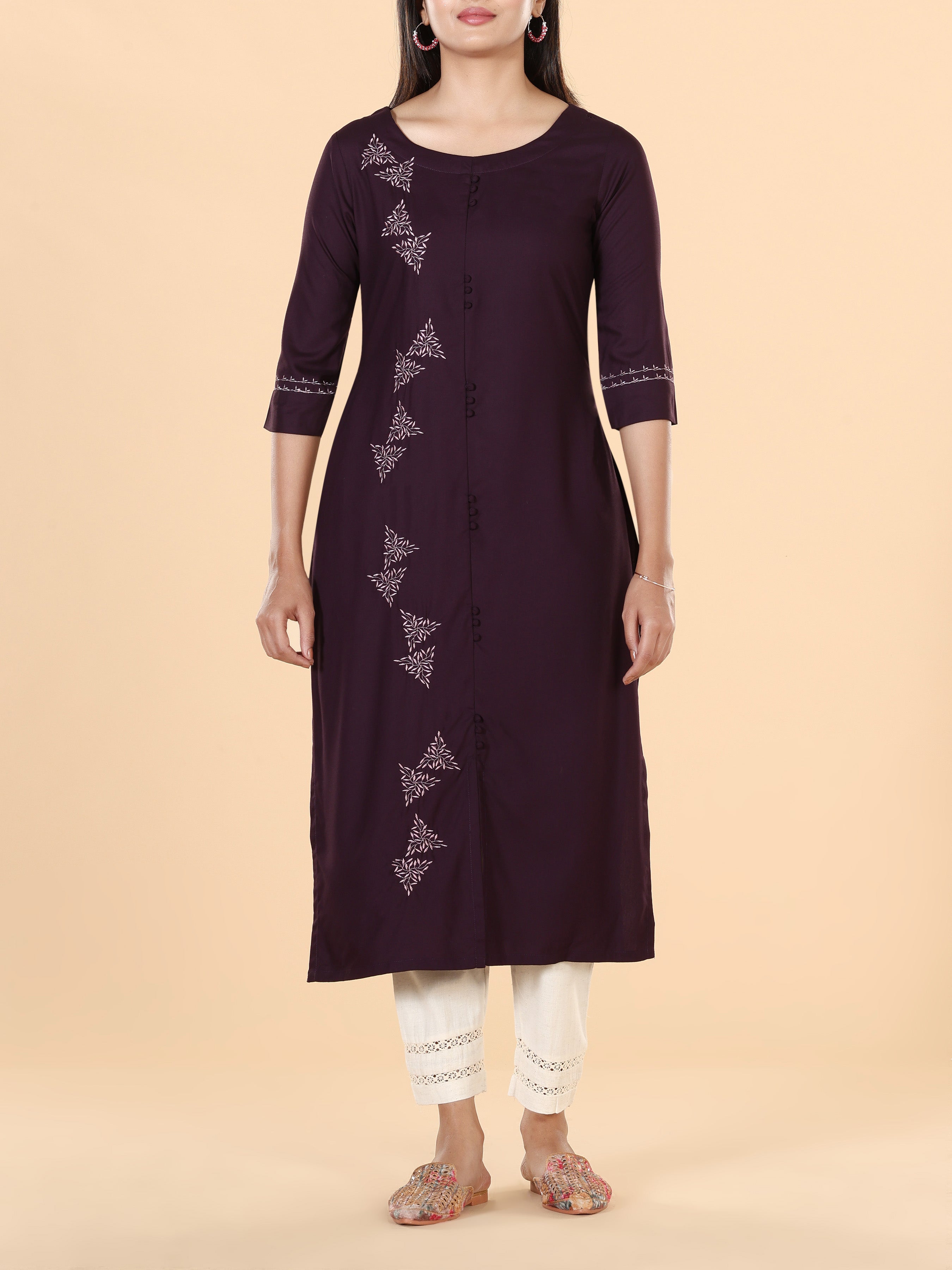 Maroon Viscose Plain Kurti With Embroidery