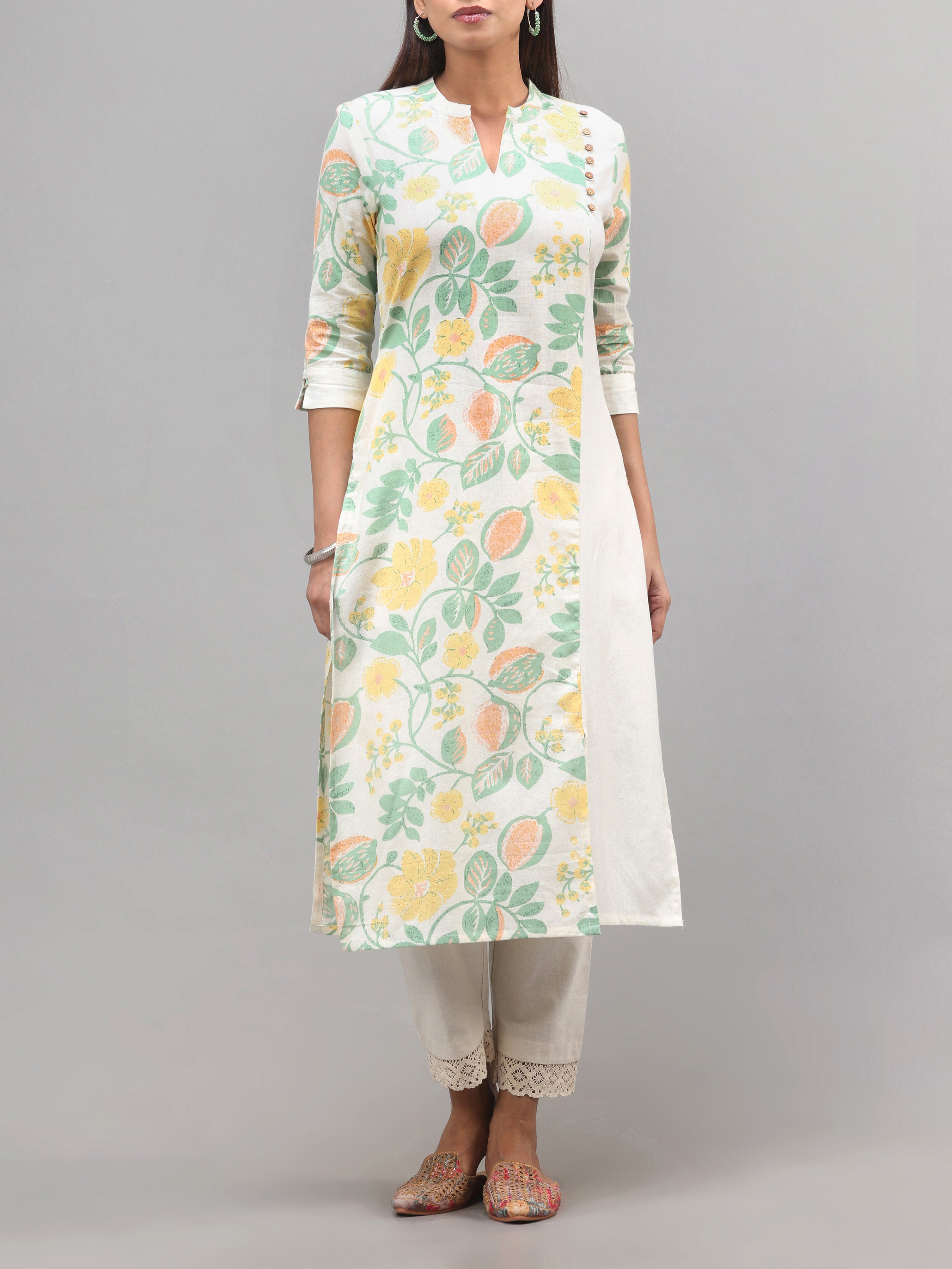 Multi Colour Cotton Flax Kurti With Print