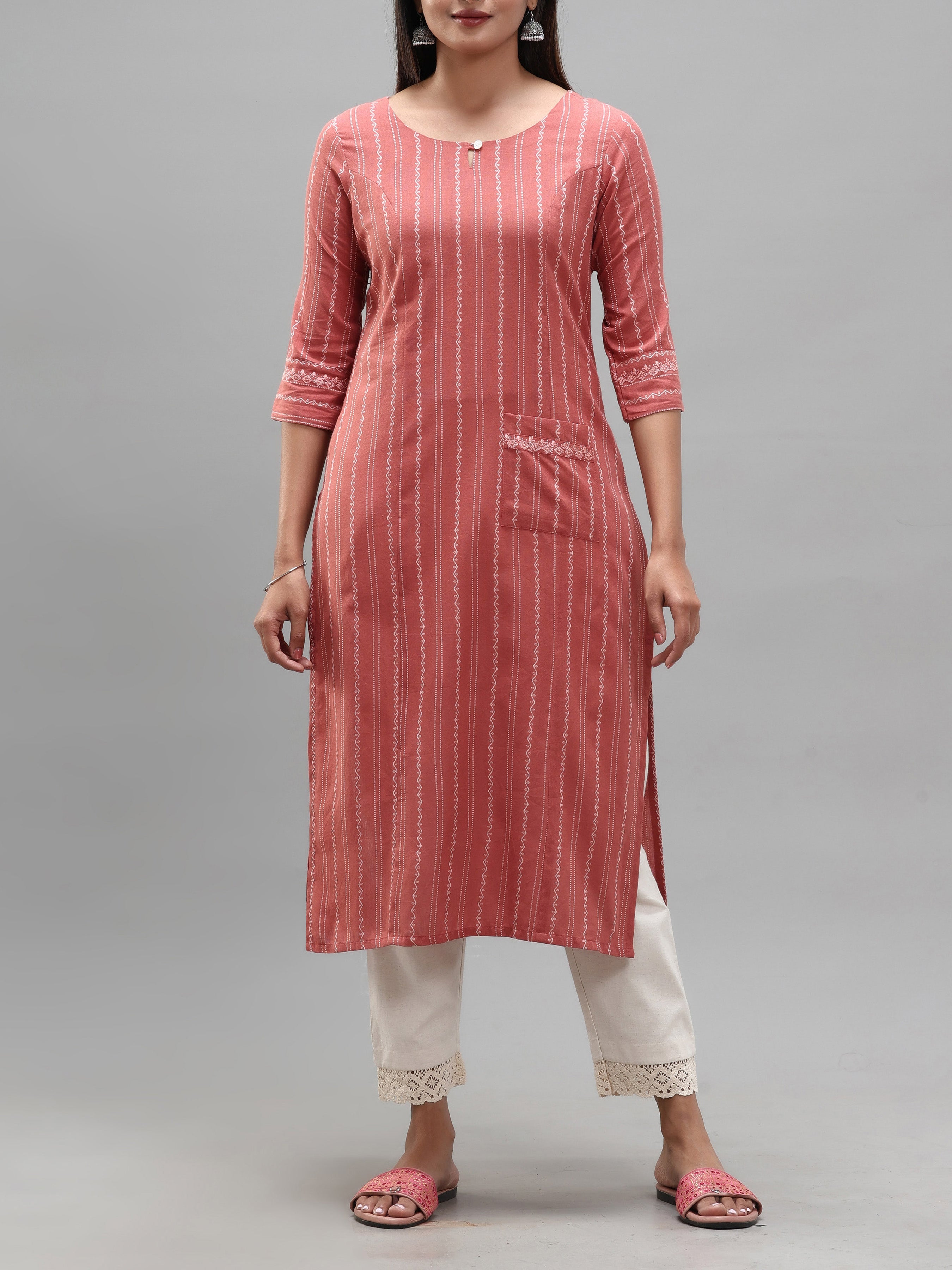 Onion Pink Cotton Dobby Kurti With Embroidery