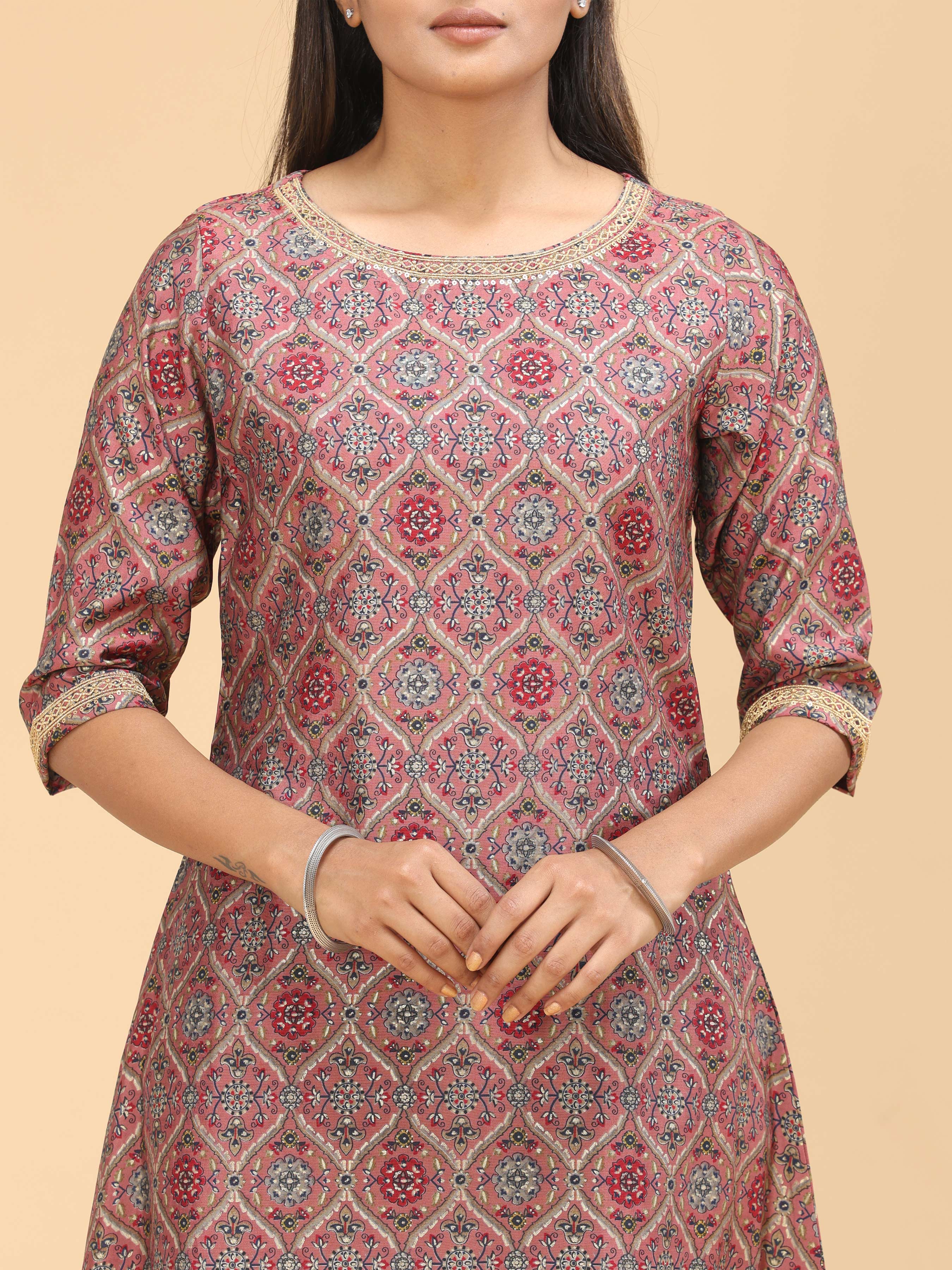 Copper Brown Modal Chanderi Printed Kurti With Hand Work