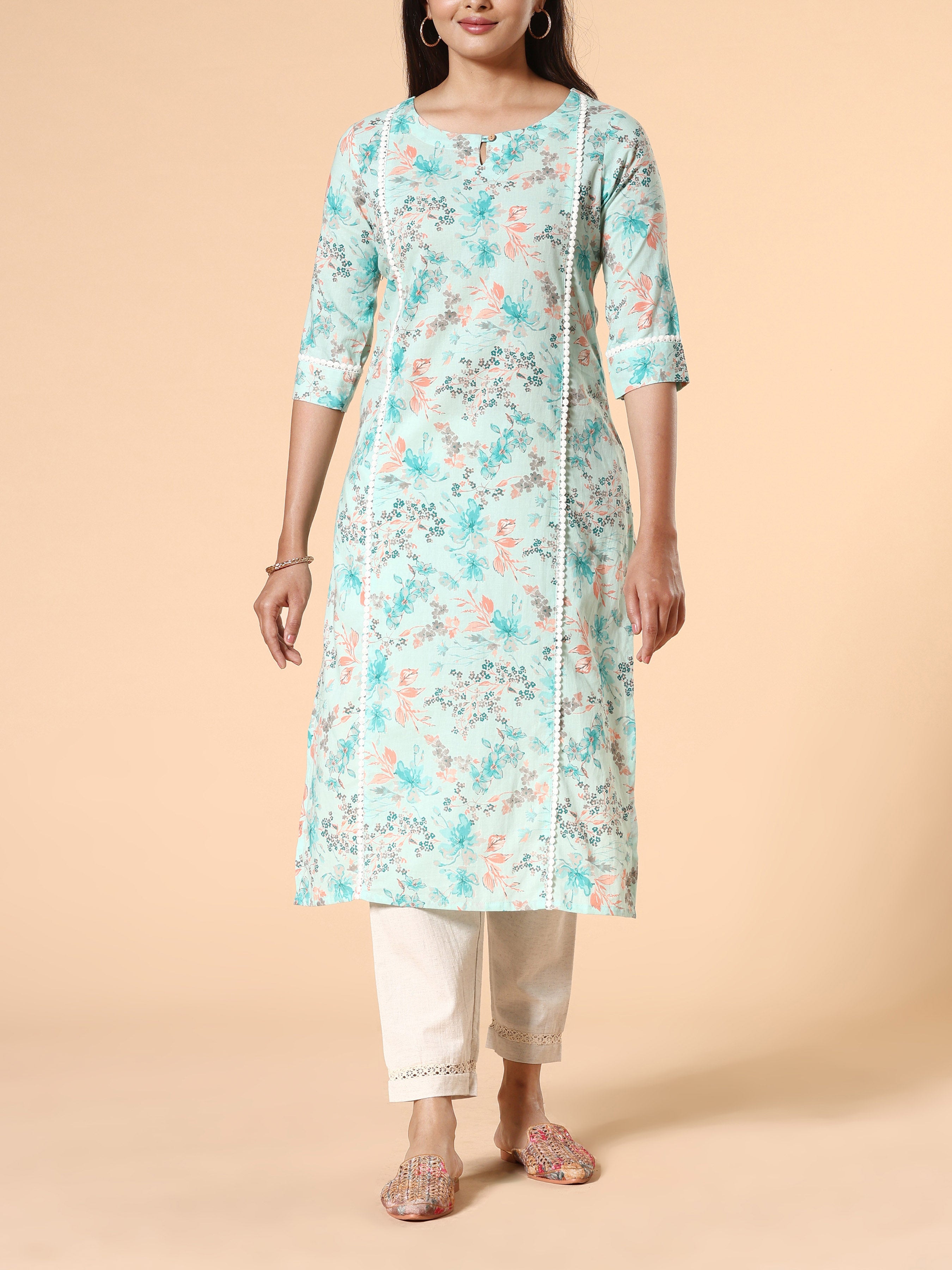 Aqua Blue Pure Cotton Printed Kurti With Lace Detailing
