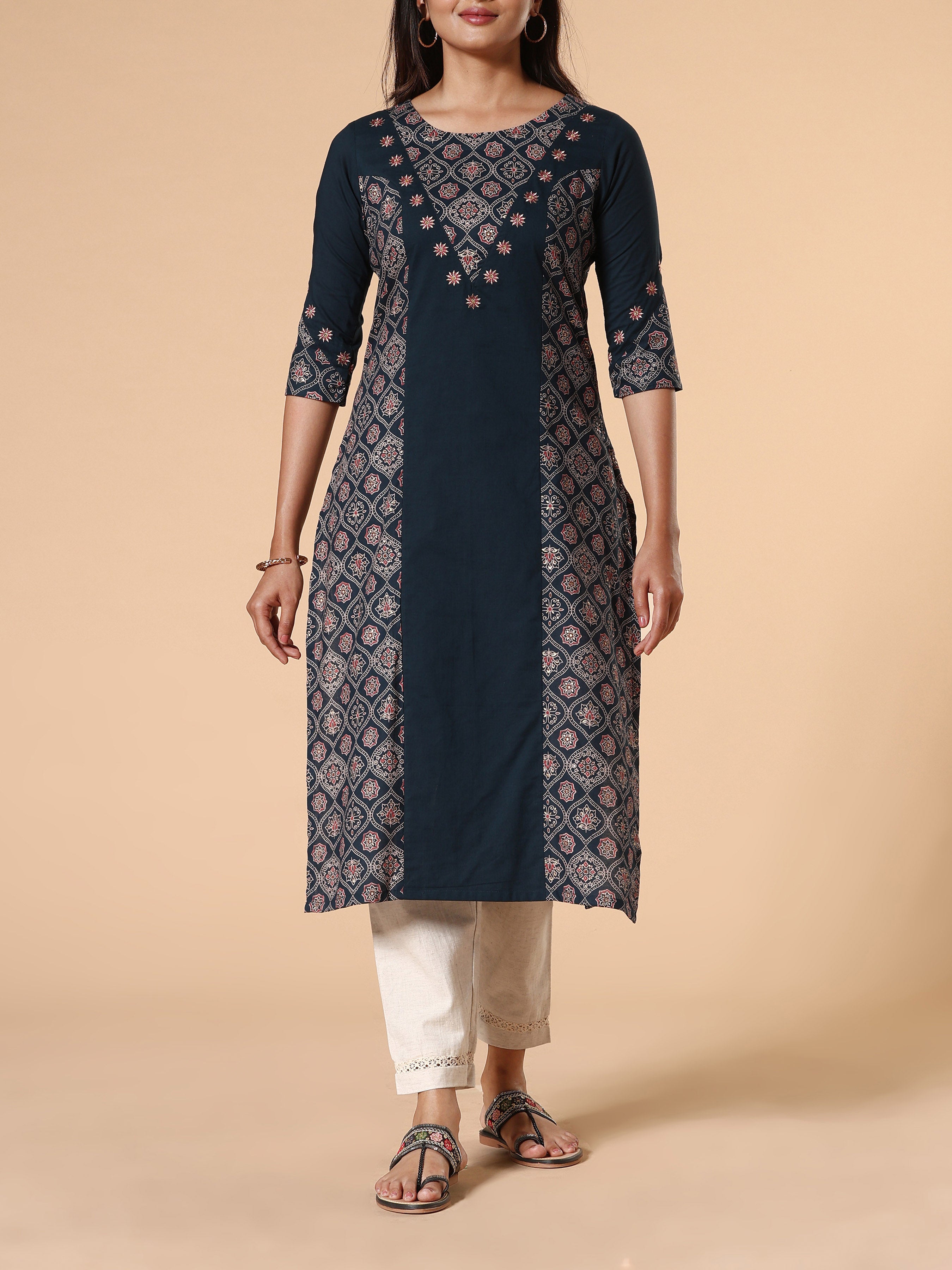Navy Blue Cotton Dobby Printed Kurti With Embroidery
