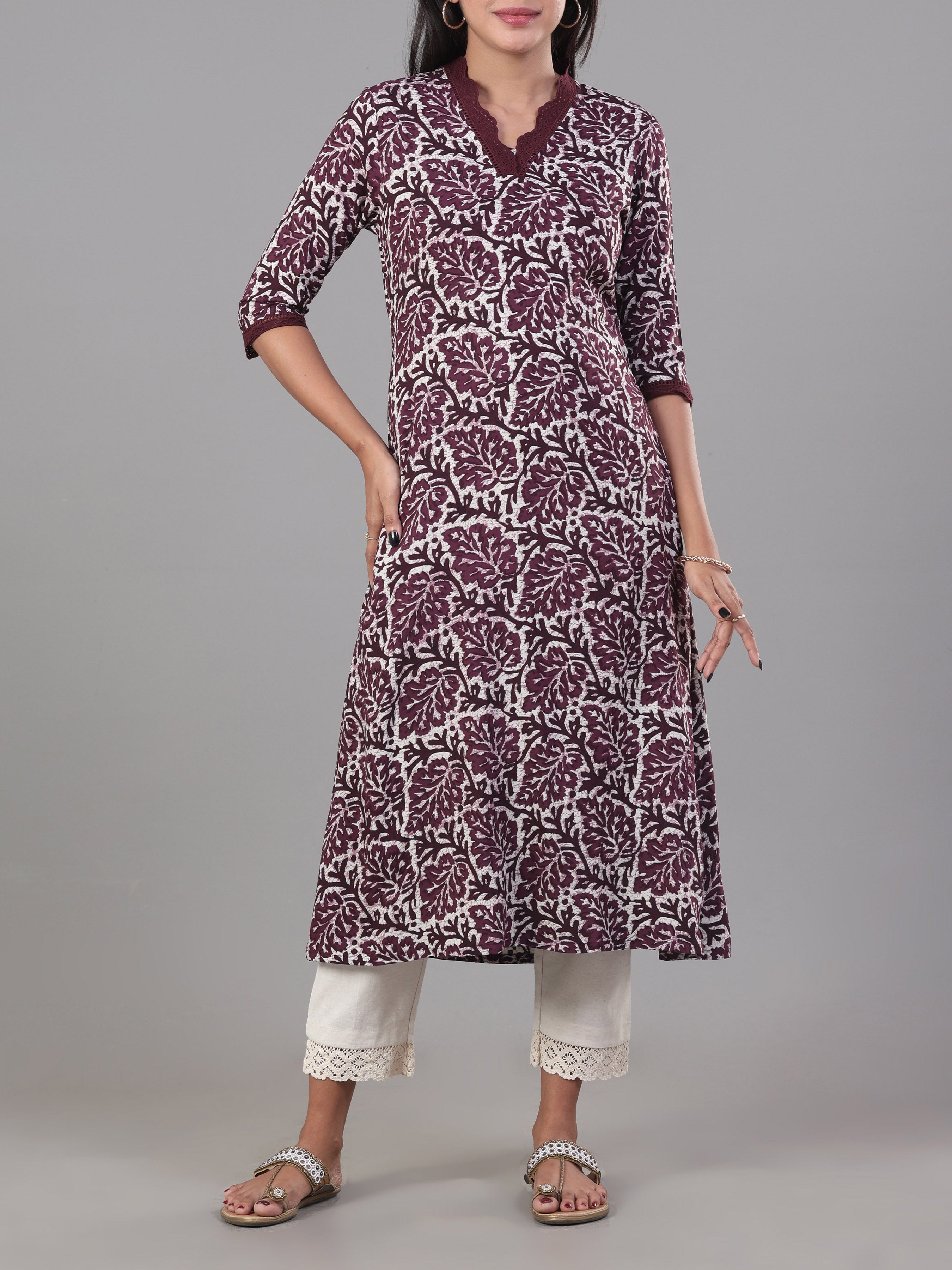 Wine Red Viscose Printed Kurti