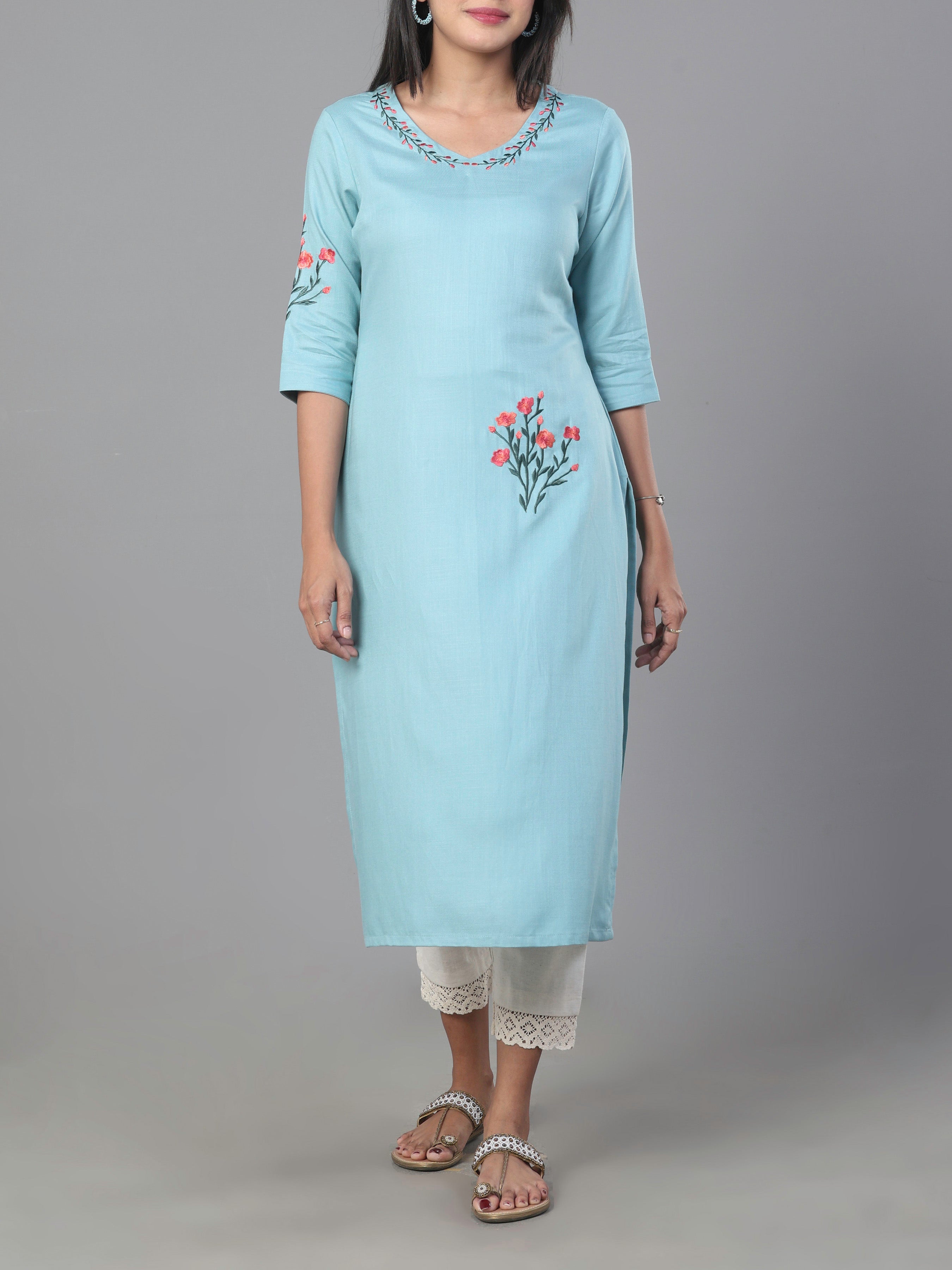 Light Blue Viscose Twill Plain Kurti With Embroidery