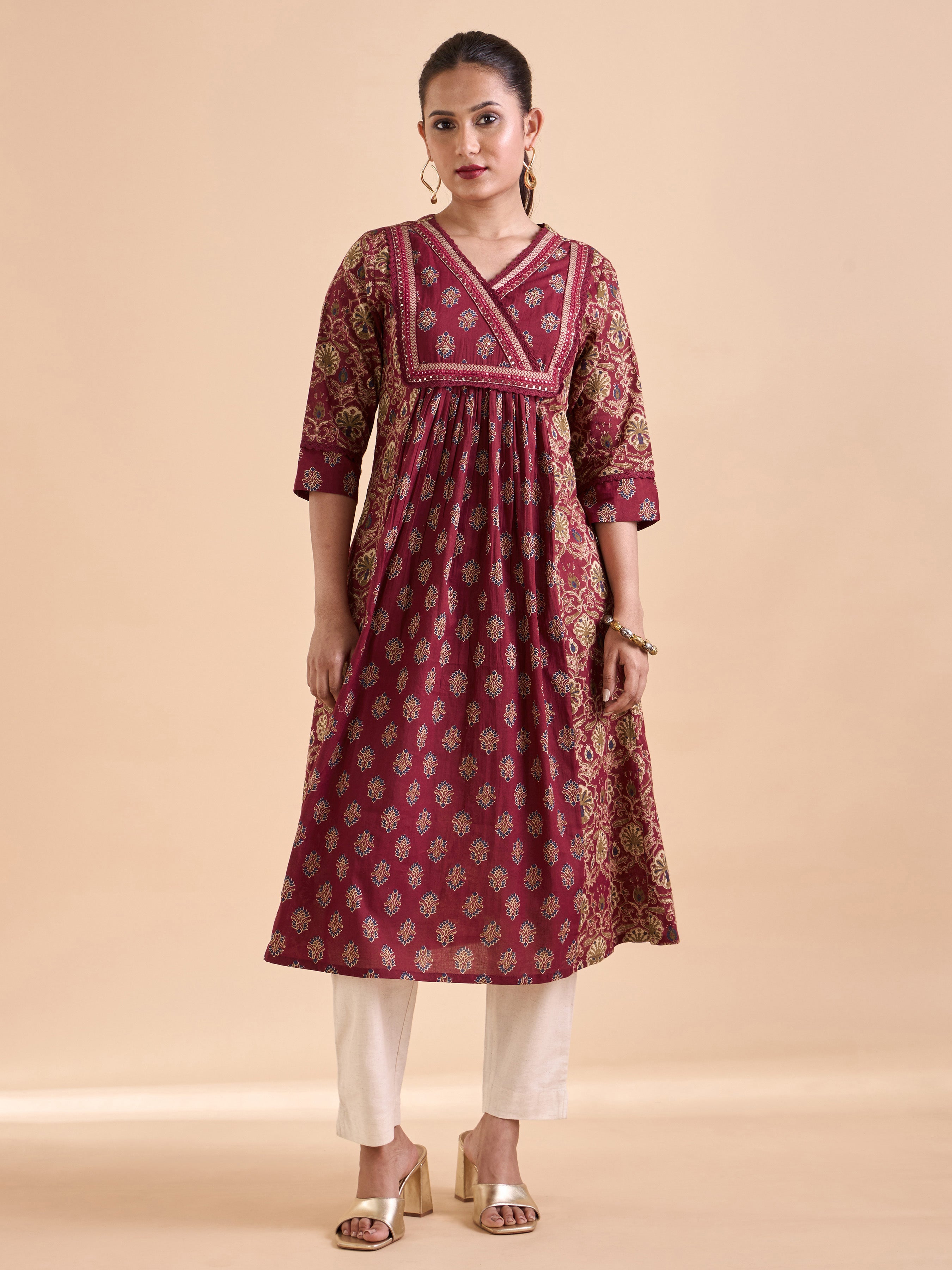 Red Pure Cotton Printed Kurti With Mirror Work