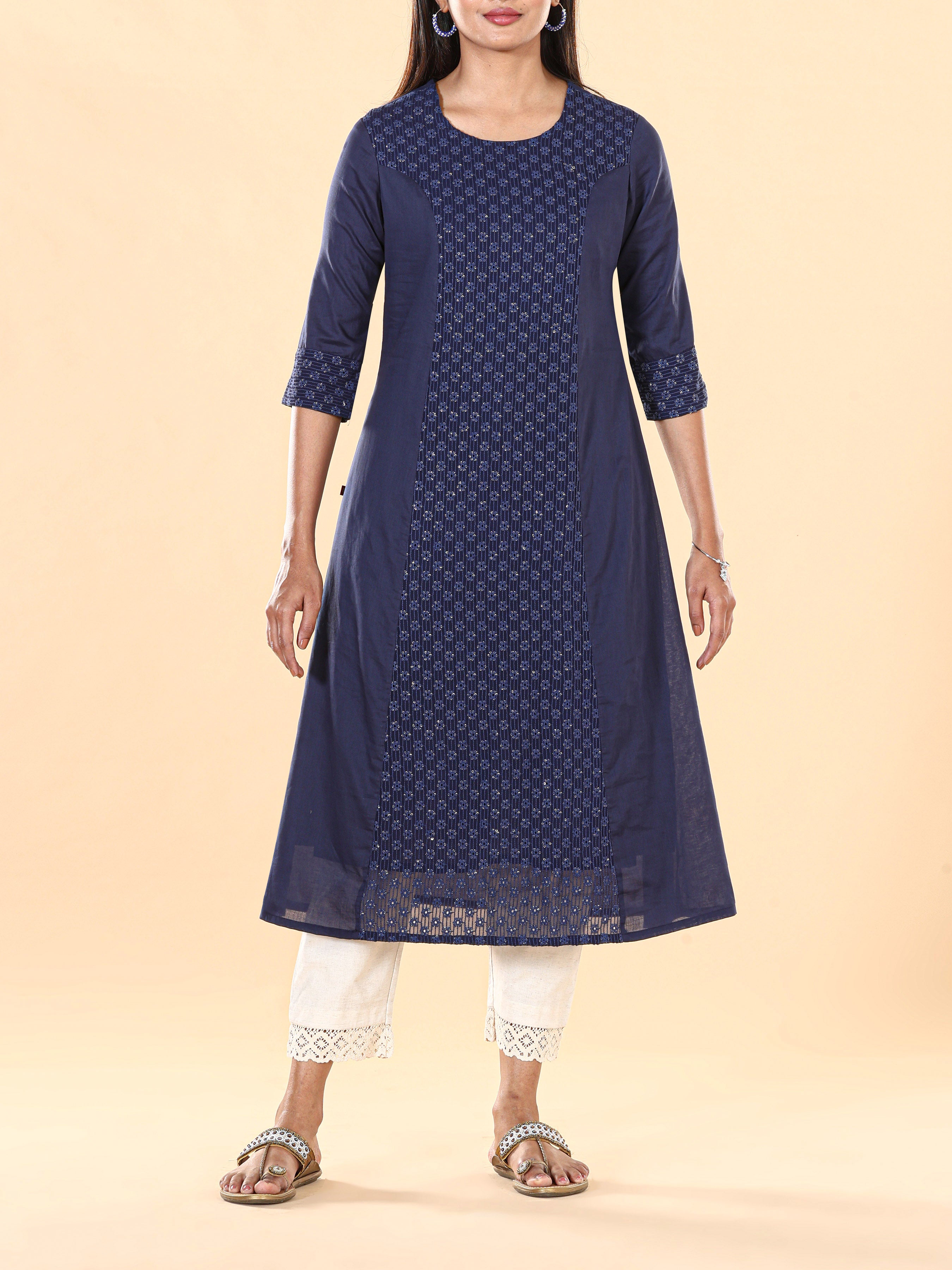 Navy Blue Pure Cotton Kurti With Sequins Work