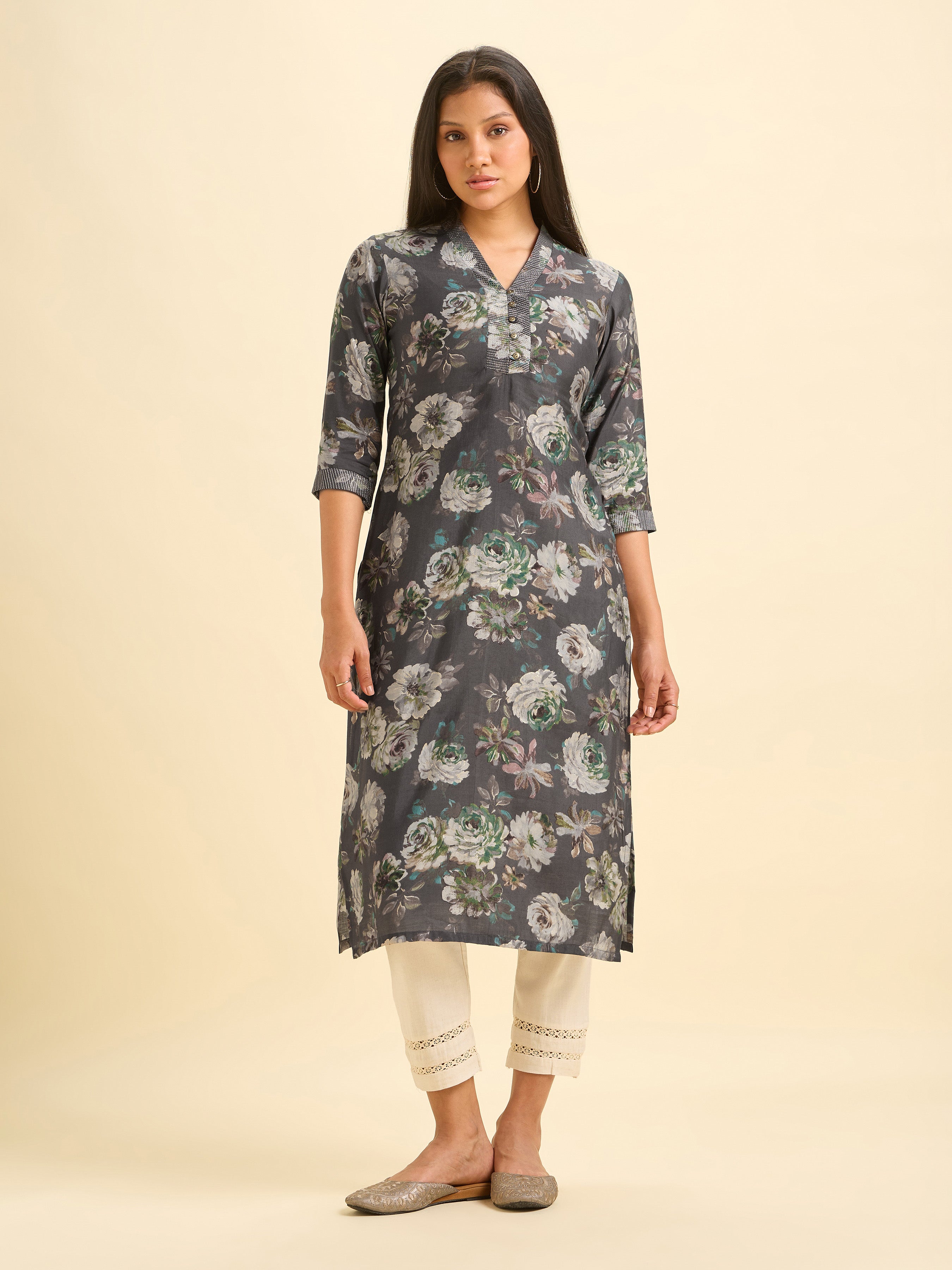 Dark Grey Modal Chanderi Printed Slited Kurti With Embroidery