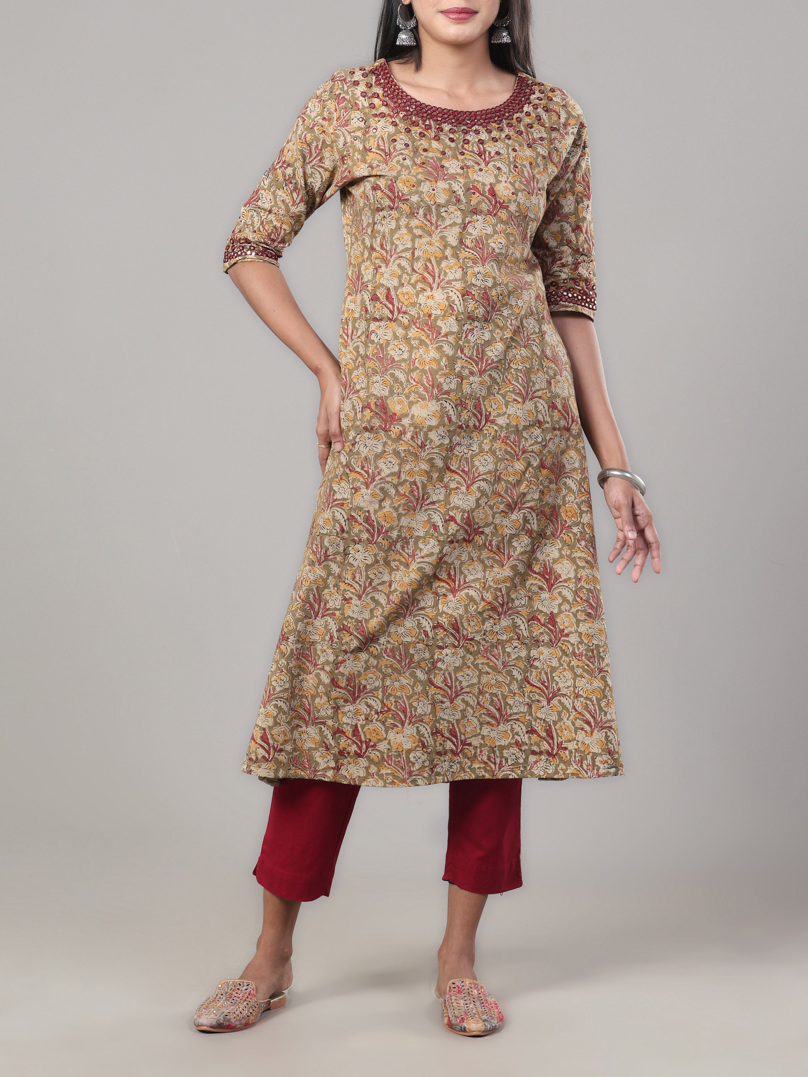Olive Green Pure Cotton Printed Kurti With Mirror Work
