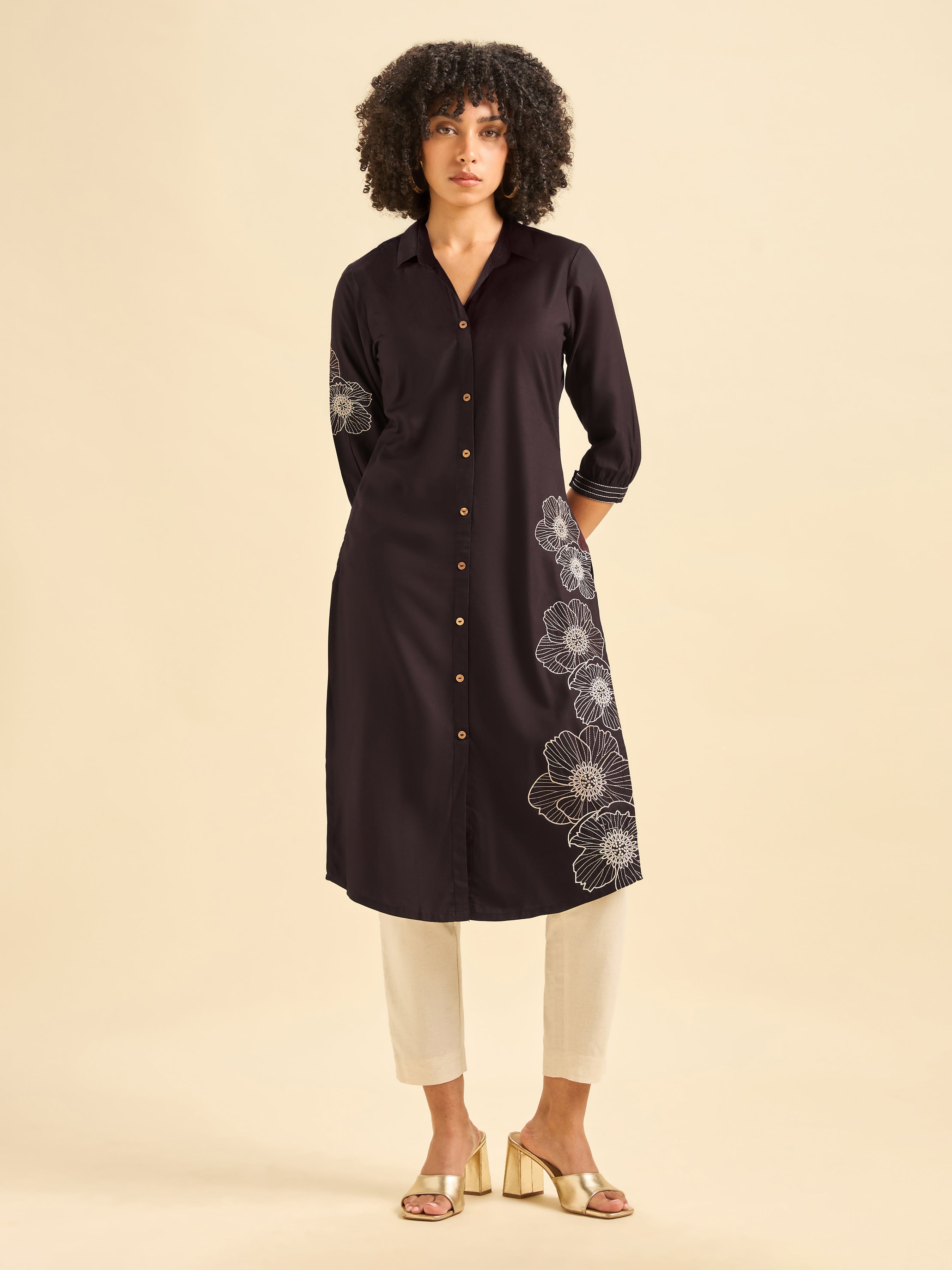 Coffee Brown Viscose Plain Slited Kurti With Embroidery