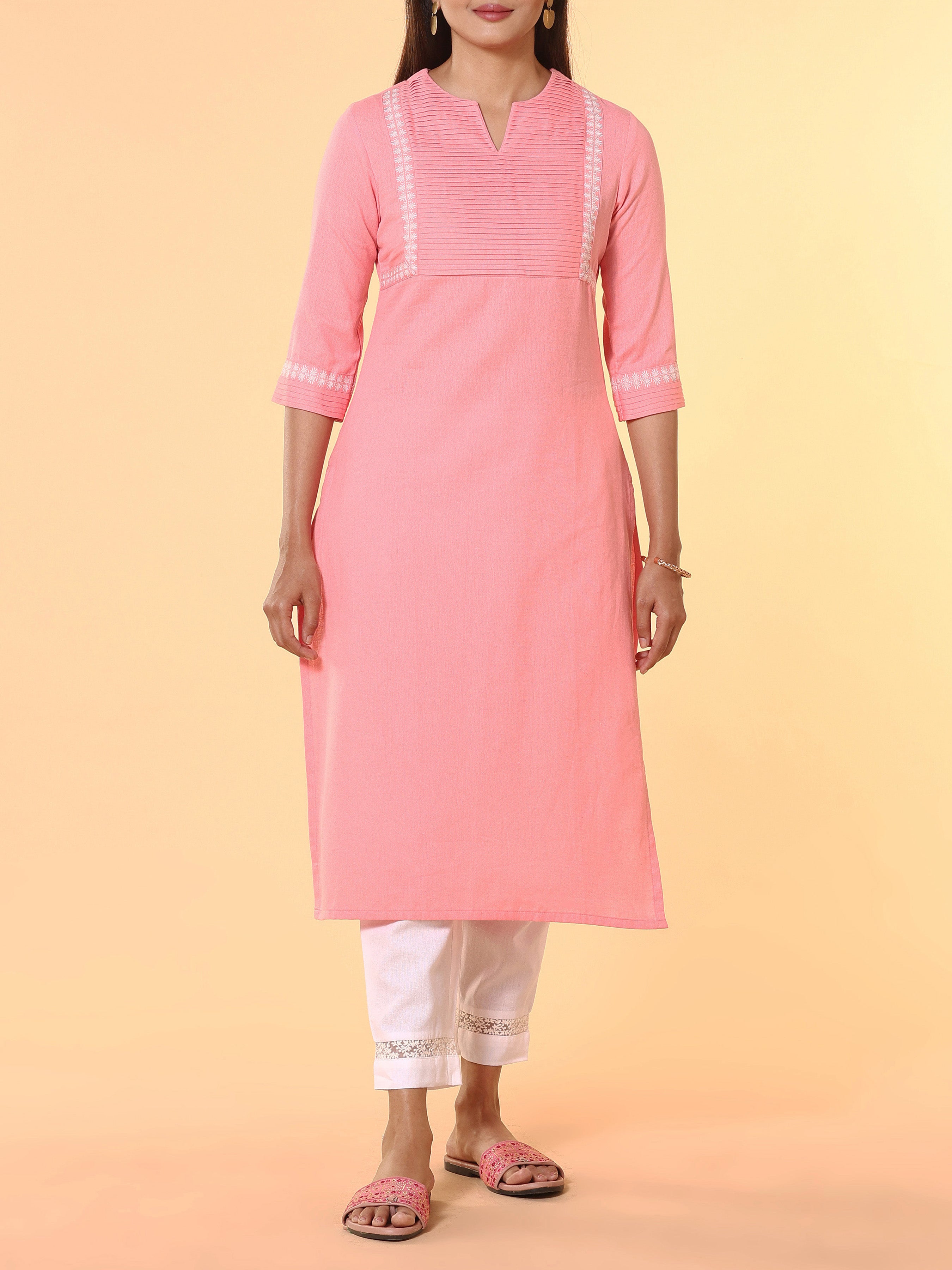 Pink Cotton Flax Kurti With Embroidery