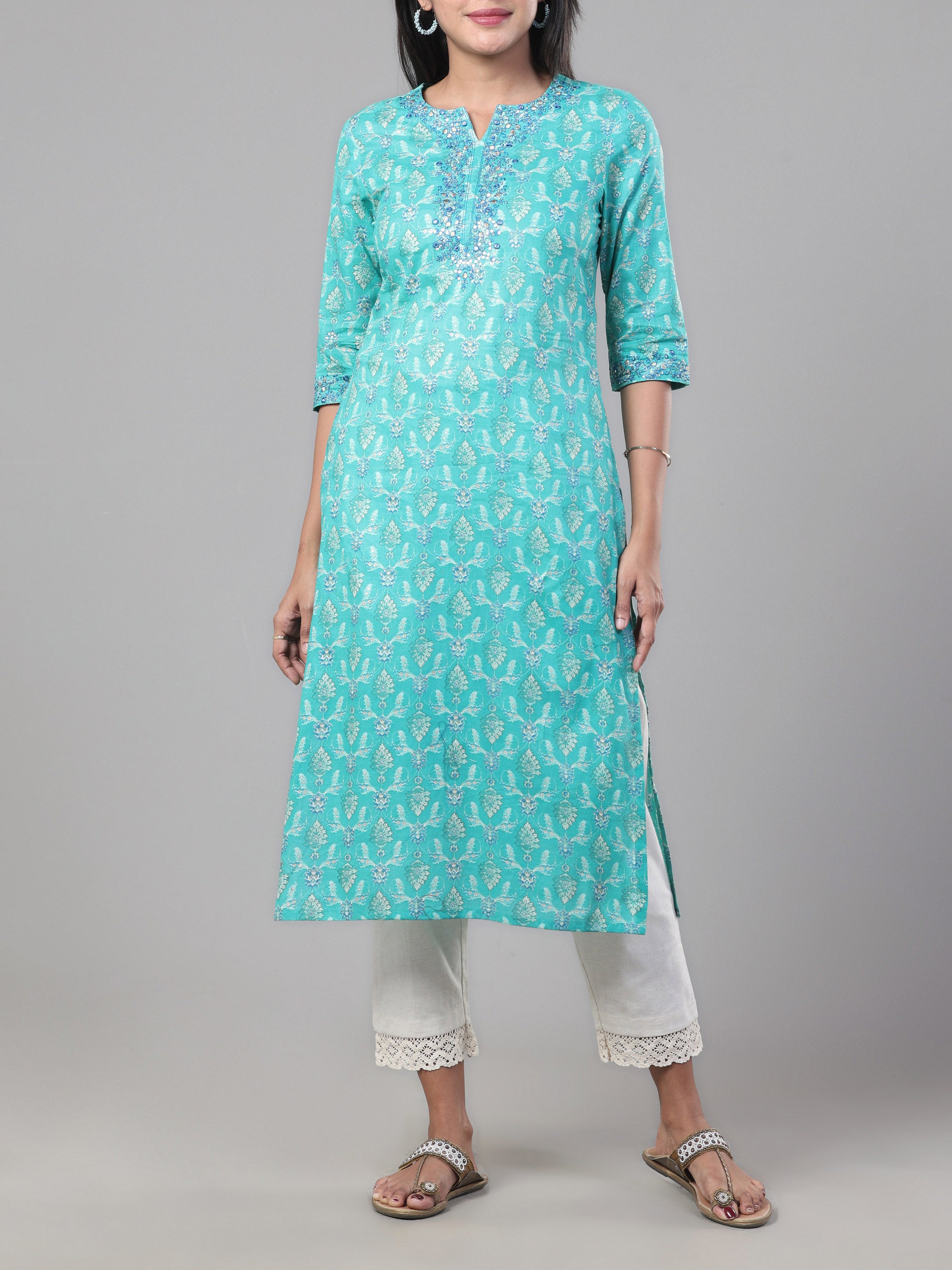 Aqua Blue Pure Cotton Printed Kurti With Embroidery