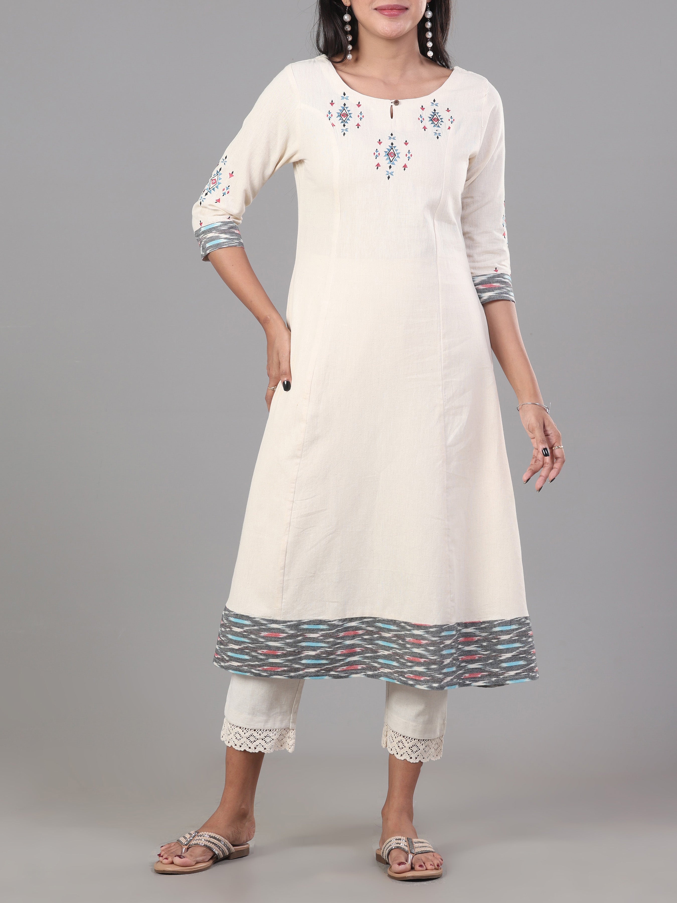 Ivory Cotton Flax Printed Kurti With Embroidery
