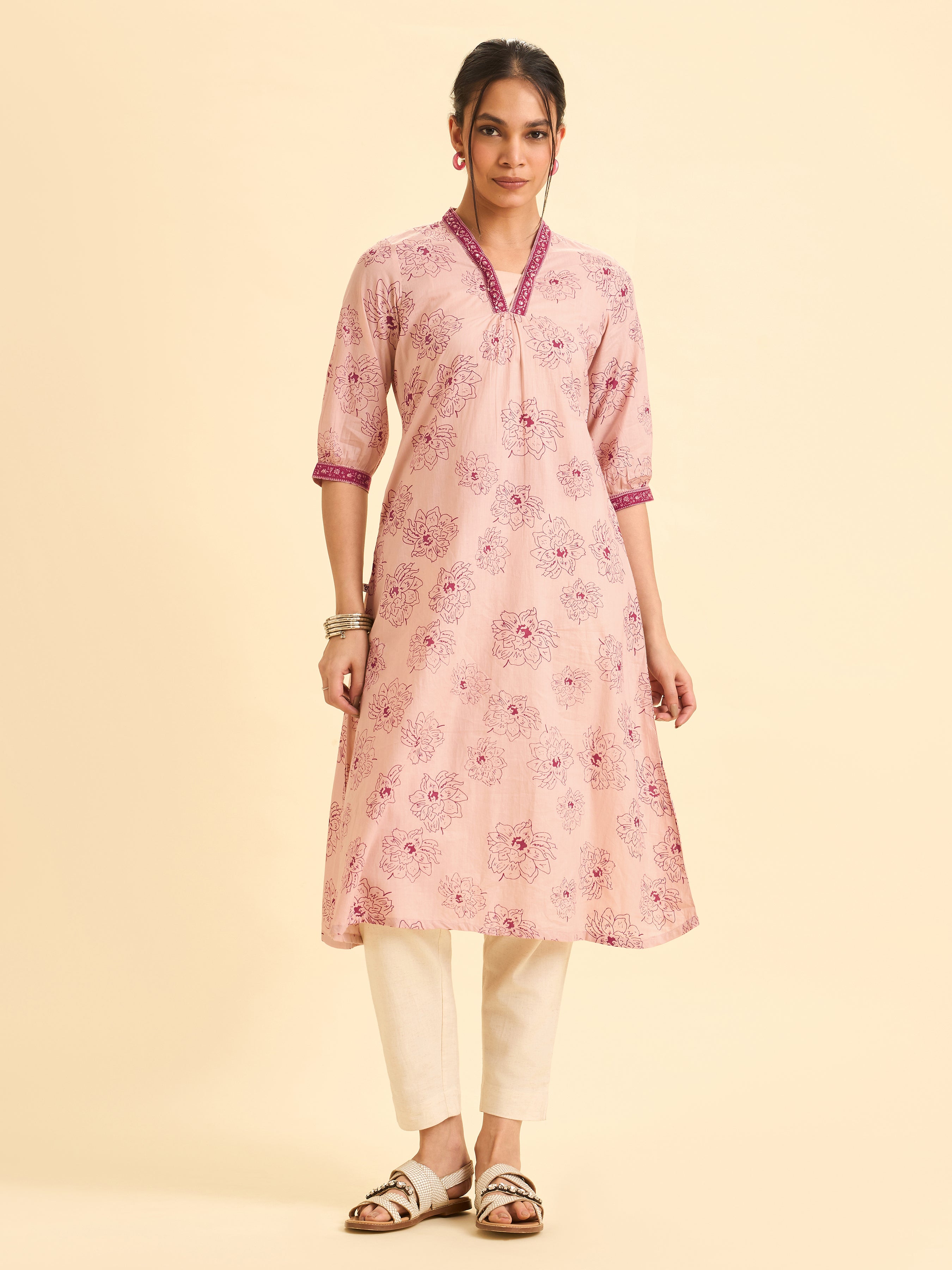 Blush Pink Pure Cotton Printe Kurti With Embroidery And Sequins Work
